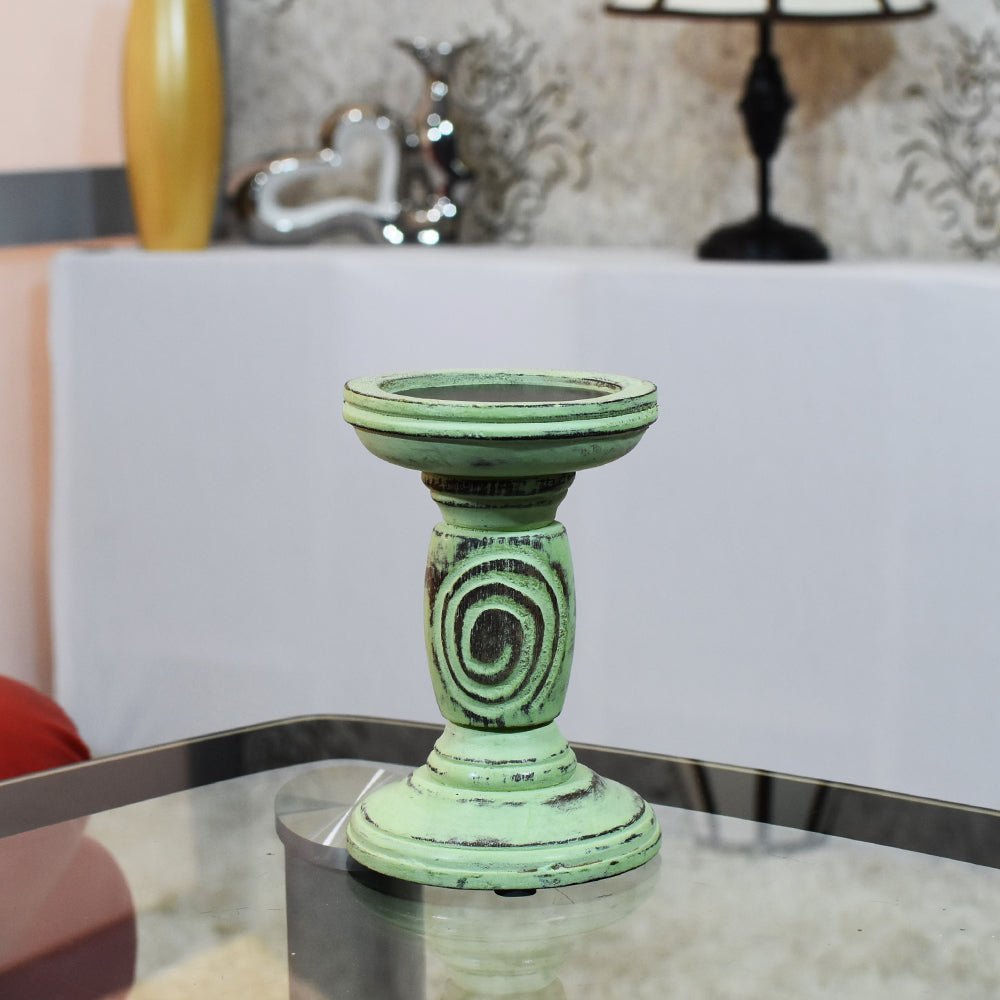 Handmade Wood Eco - friendly Traditional Antique Sage Pillar Candle Holder - BBH HOMES LLC