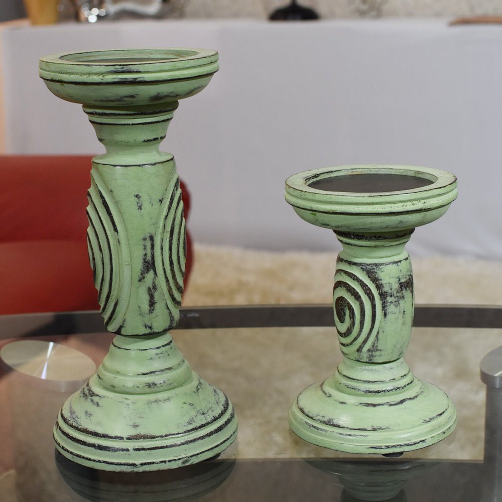 Handmade Wood Eco - friendly Traditional Antique Sage Pillar Candle Holder - BBH HOMES LLC