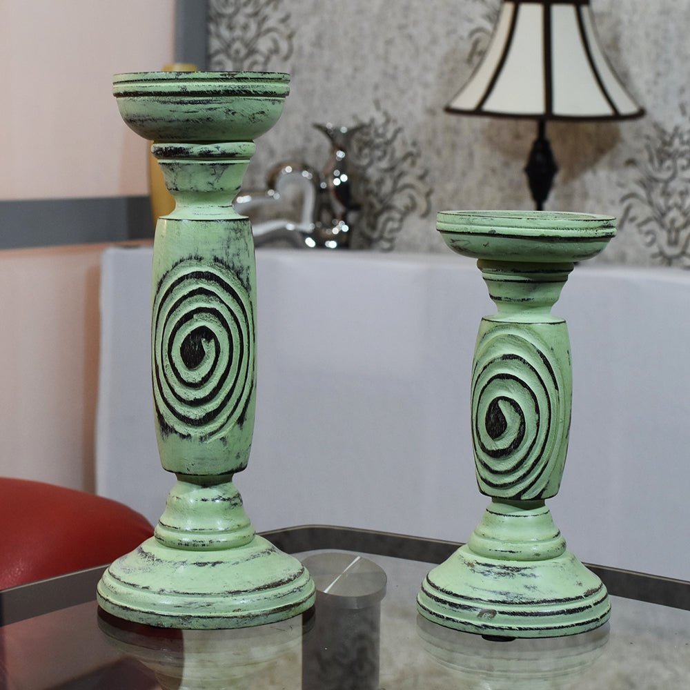 Handmade Wood Eco - friendly Traditional Antique Sage Pillar Candle Holder - BBH HOMES LLC
