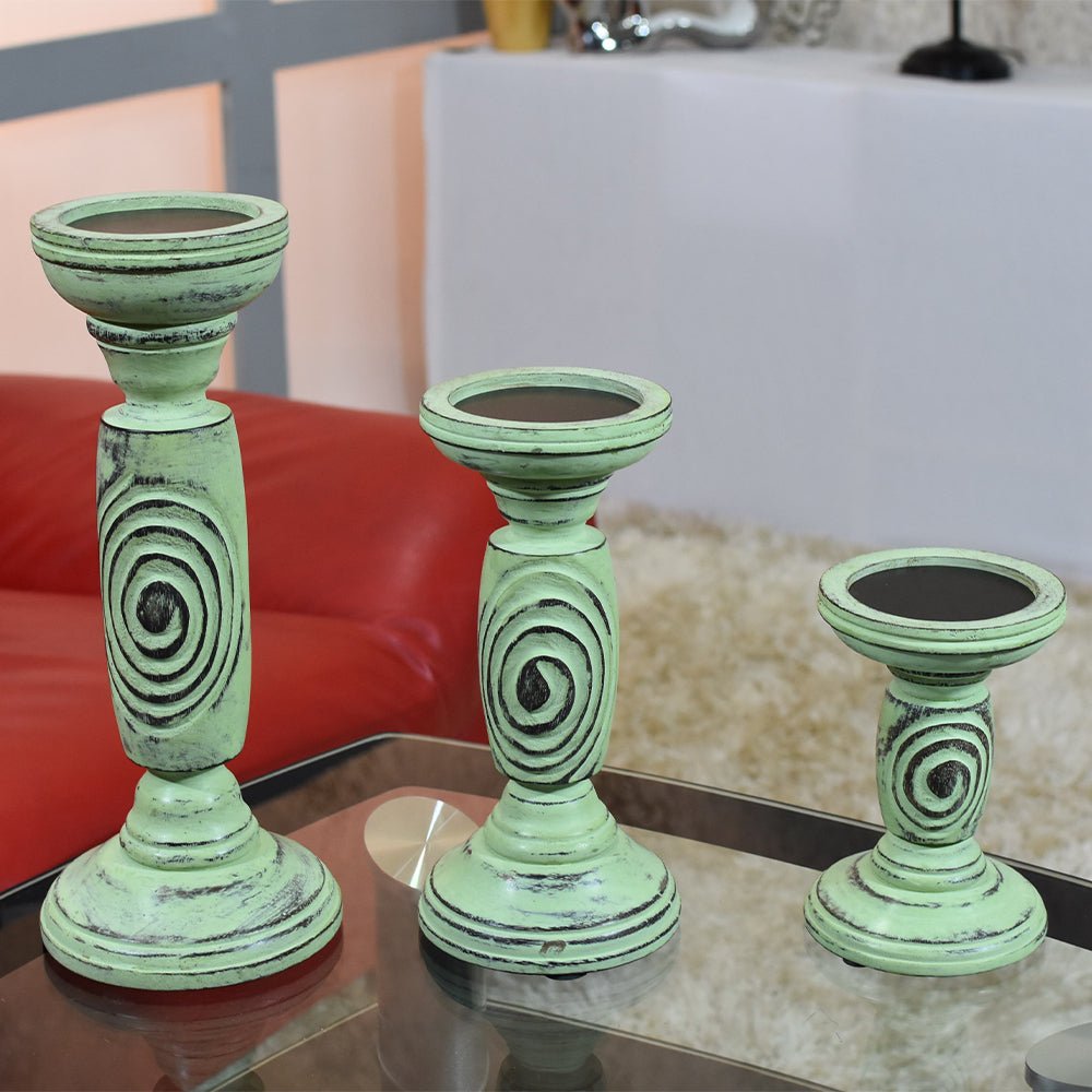 Handmade Wood Eco - friendly Traditional Antique Sage Pillar Candle Holder - BBH HOMES LLC