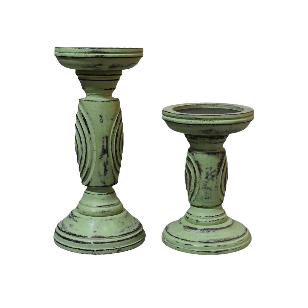 Handmade Wood Eco - friendly Traditional Antique Sage Pillar Candle Holder - BBH HOMES LLC