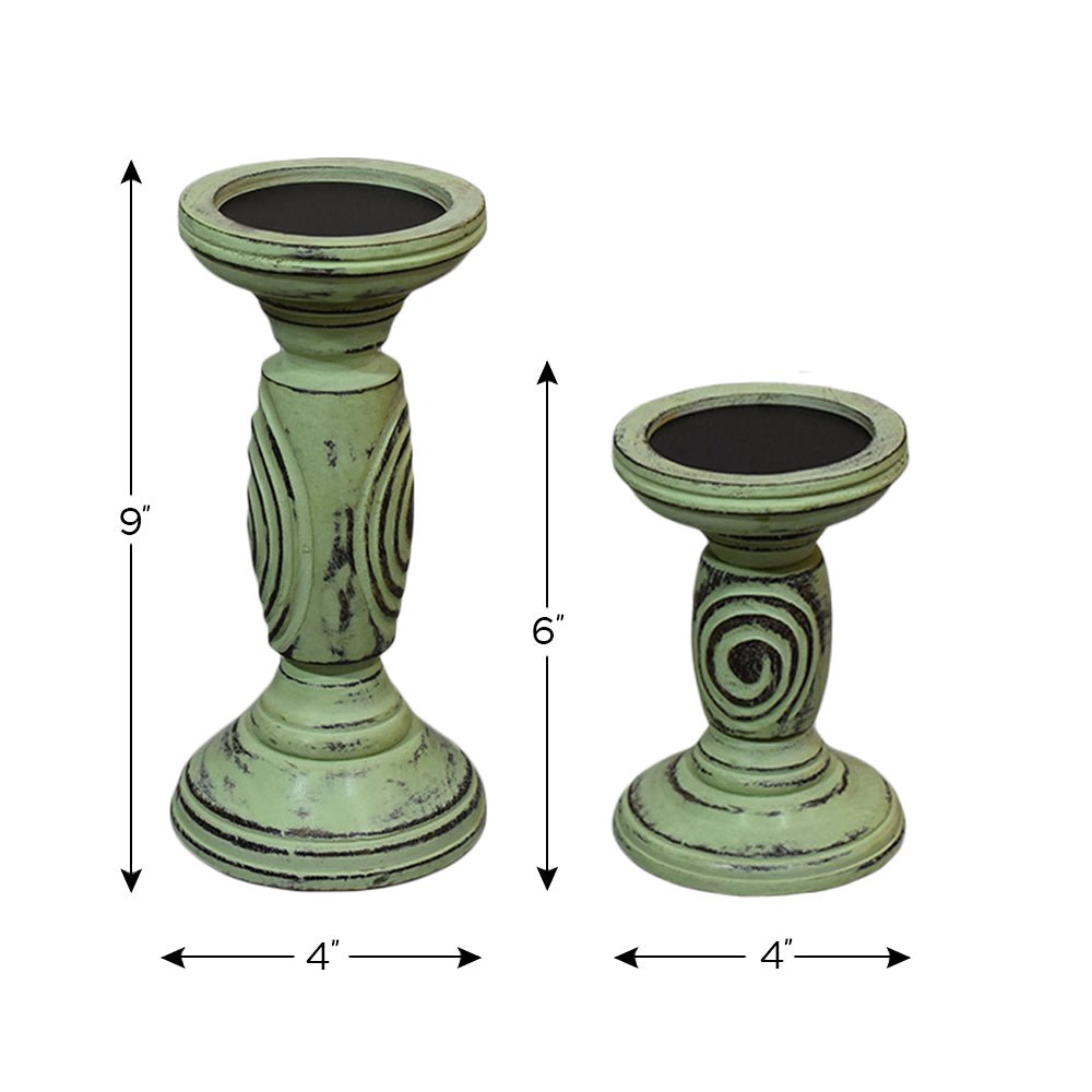 Handmade Wood Eco - friendly Traditional Antique Sage Pillar Candle Holder - BBH HOMES LLC