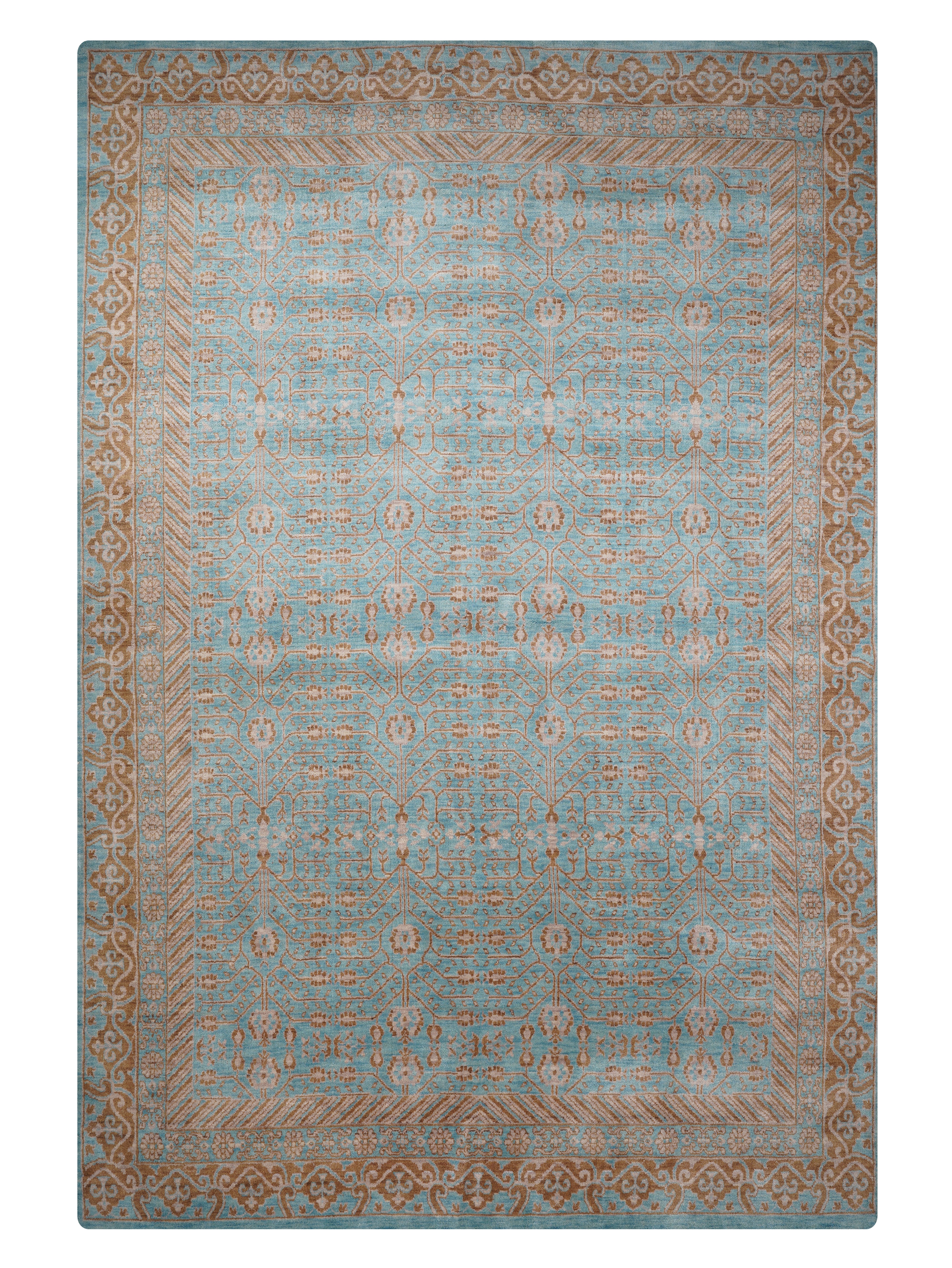 Decorative rug with a blue and brown pattern on a white background