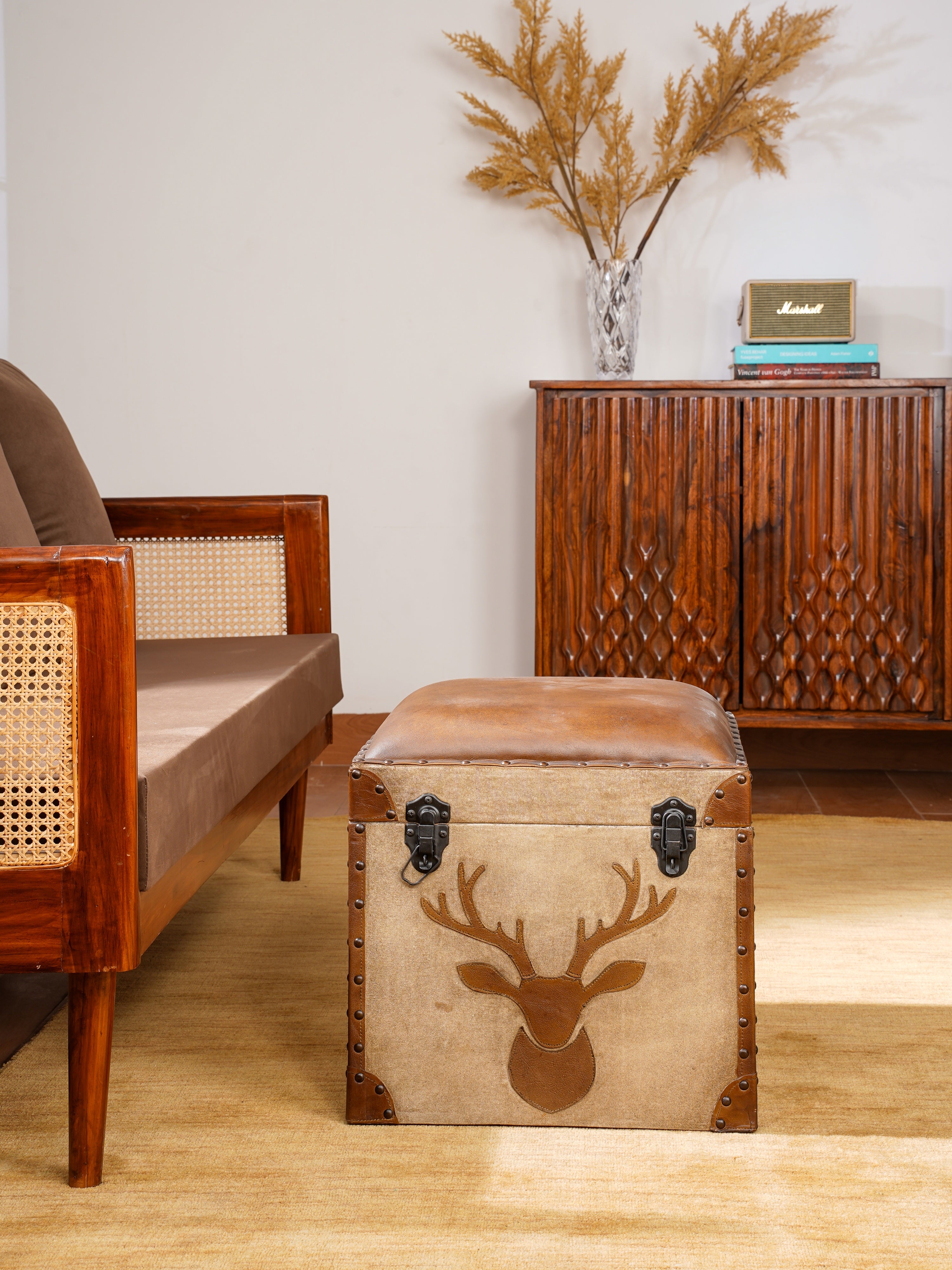 Stag Trunk Ottoman – Rustic Storage Cube in Canvas & Leather with Antler Motif