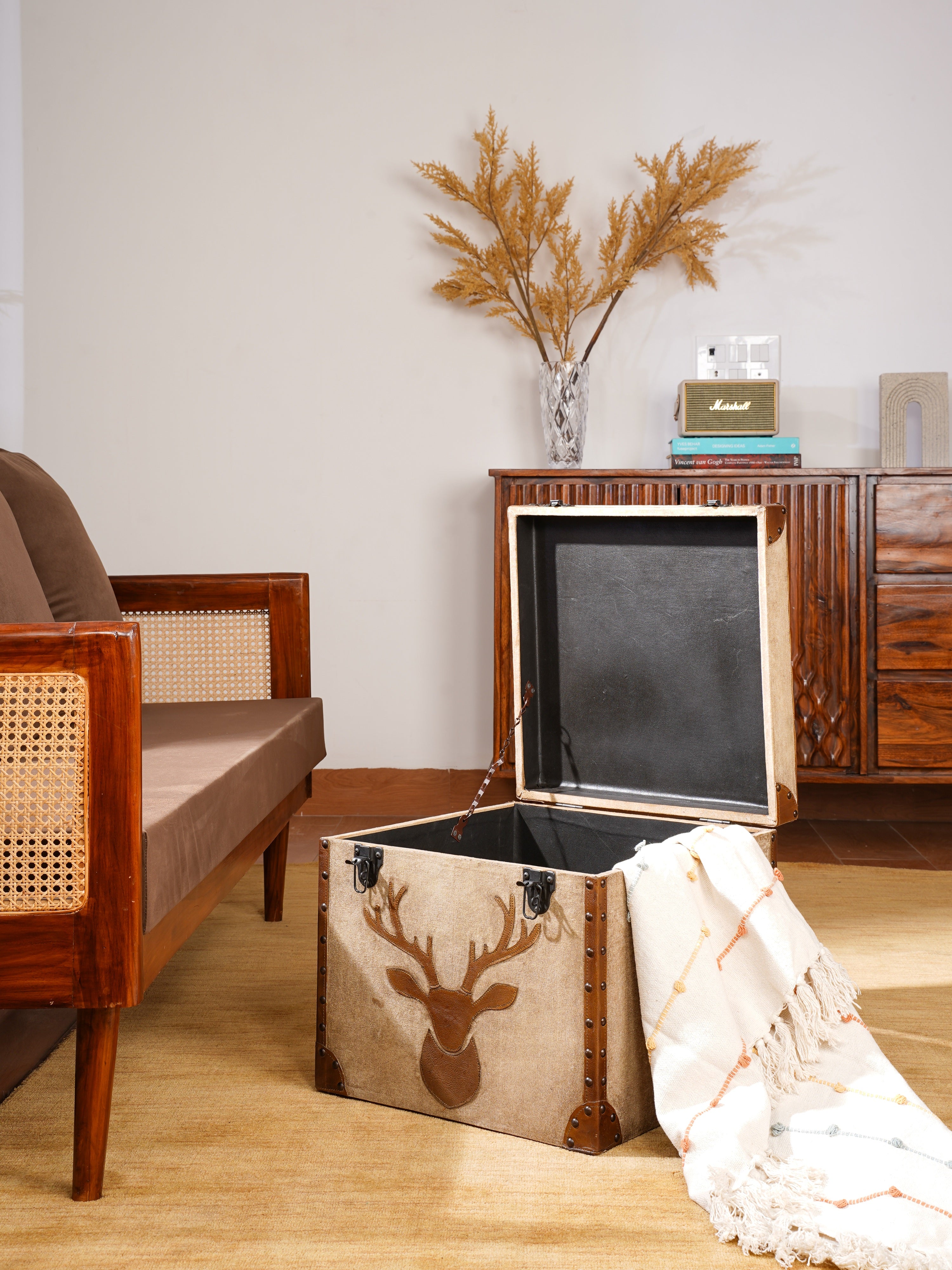 Stag Trunk Ottoman – Rustic Storage Cube in Canvas & Leather with Antler Motif