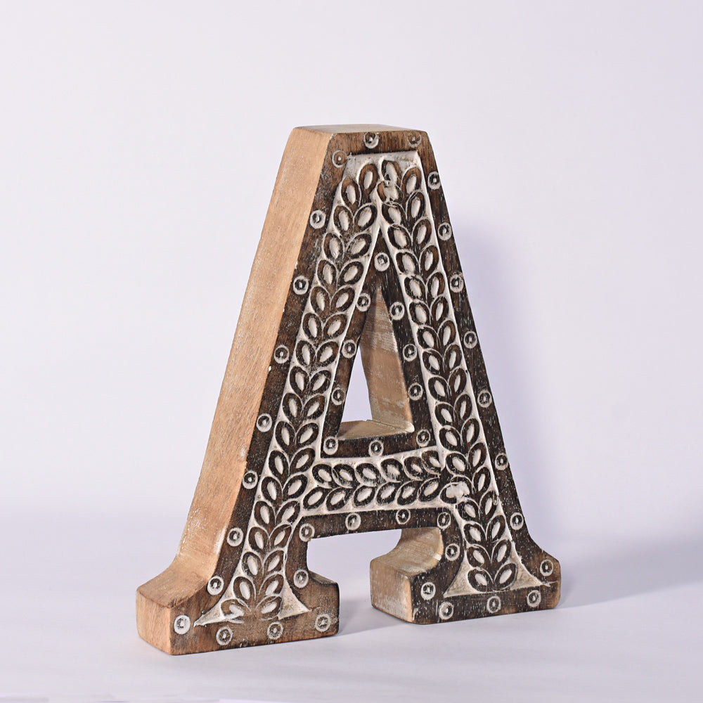 Bohemian Teardrop-Patterned Mango Wood Carved Letter & Number Block