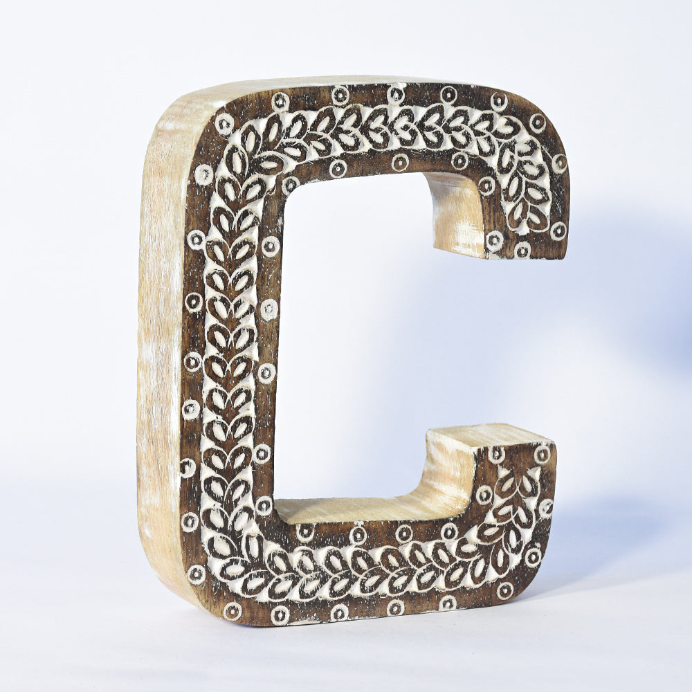 Bohemian Teardrop-Patterned Mango Wood Carved Letter & Number Block