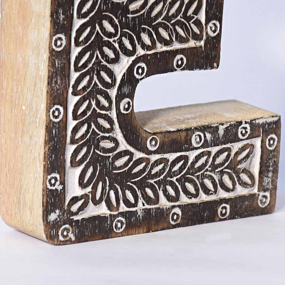 Bohemian Teardrop-Patterned Mango Wood Carved Letter & Number Block