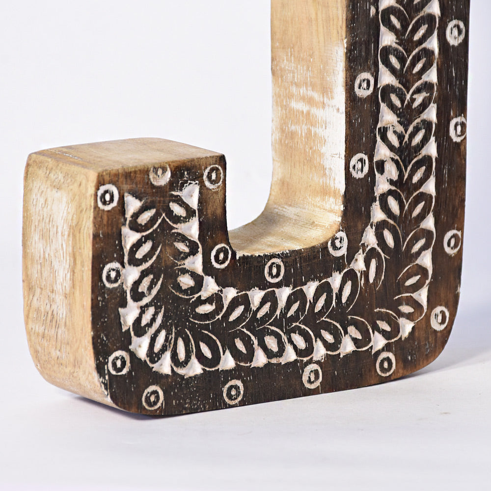 Bohemian Teardrop-Patterned Mango Wood Carved Letter & Number Block