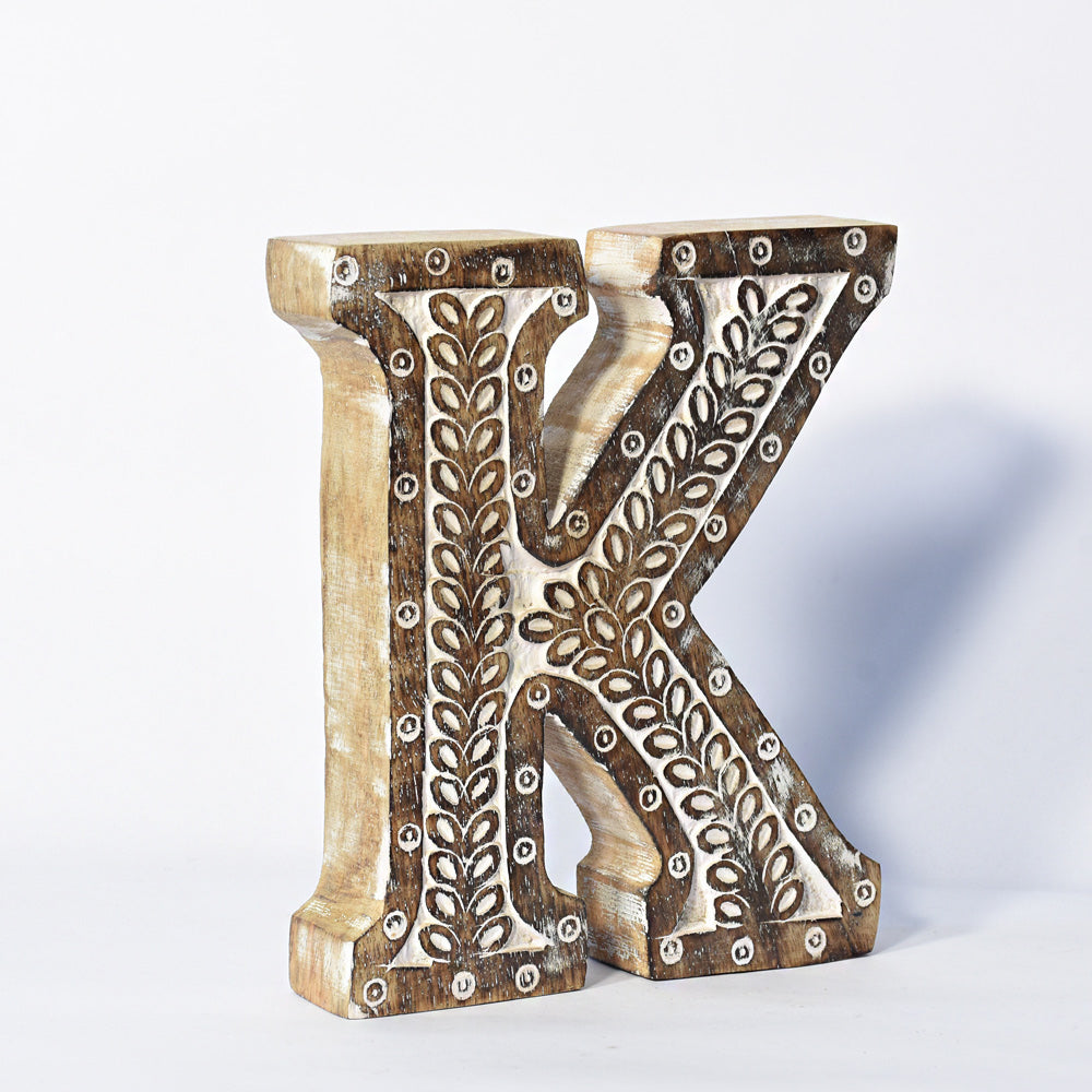 Bohemian Teardrop-Patterned Mango Wood Carved Letter & Number Block