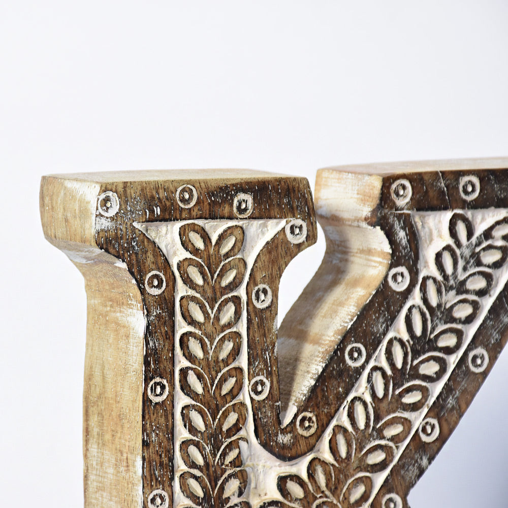 Bohemian Teardrop-Patterned Mango Wood Carved Letter & Number Block