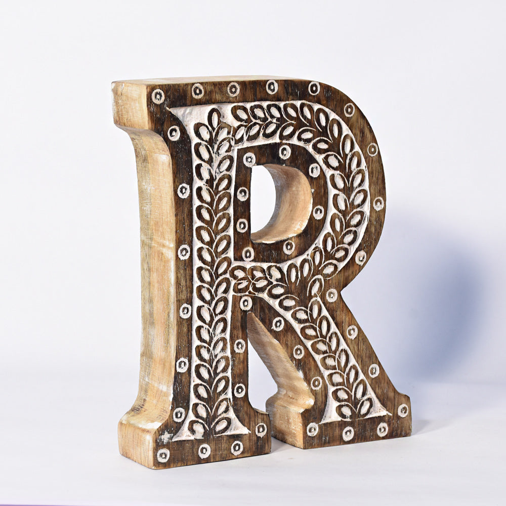 Bohemian Teardrop-Patterned Mango Wood Carved Letter & Number Block