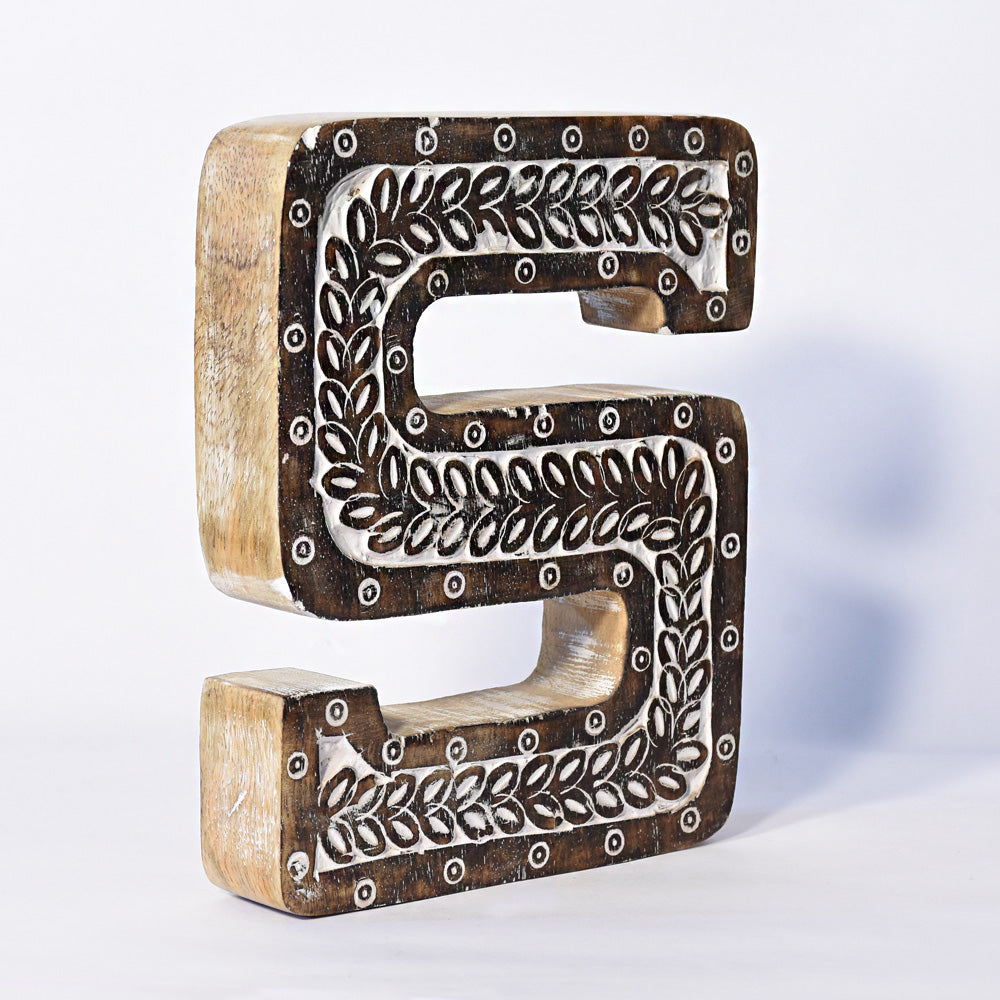 Bohemian Teardrop-Patterned Mango Wood Carved Letter & Number Block