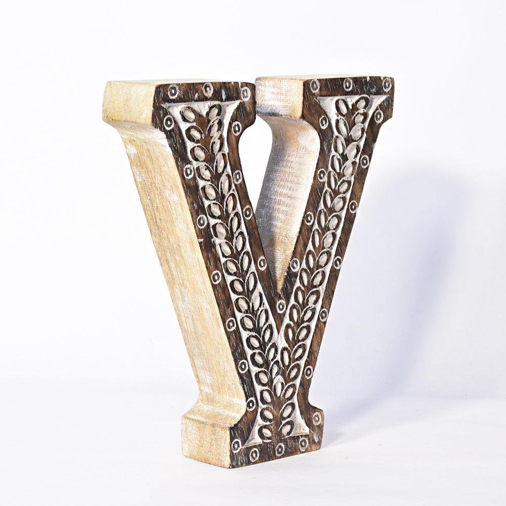 Bohemian Teardrop-Patterned Mango Wood Carved Letter & Number Block
