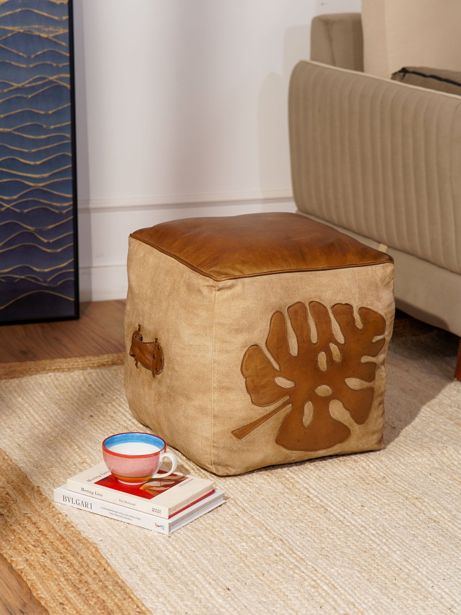 Monstera Leather & Canvas Pouf – Handmade Cube Ottoman | Brown | Filled - BBH HOMES LLC