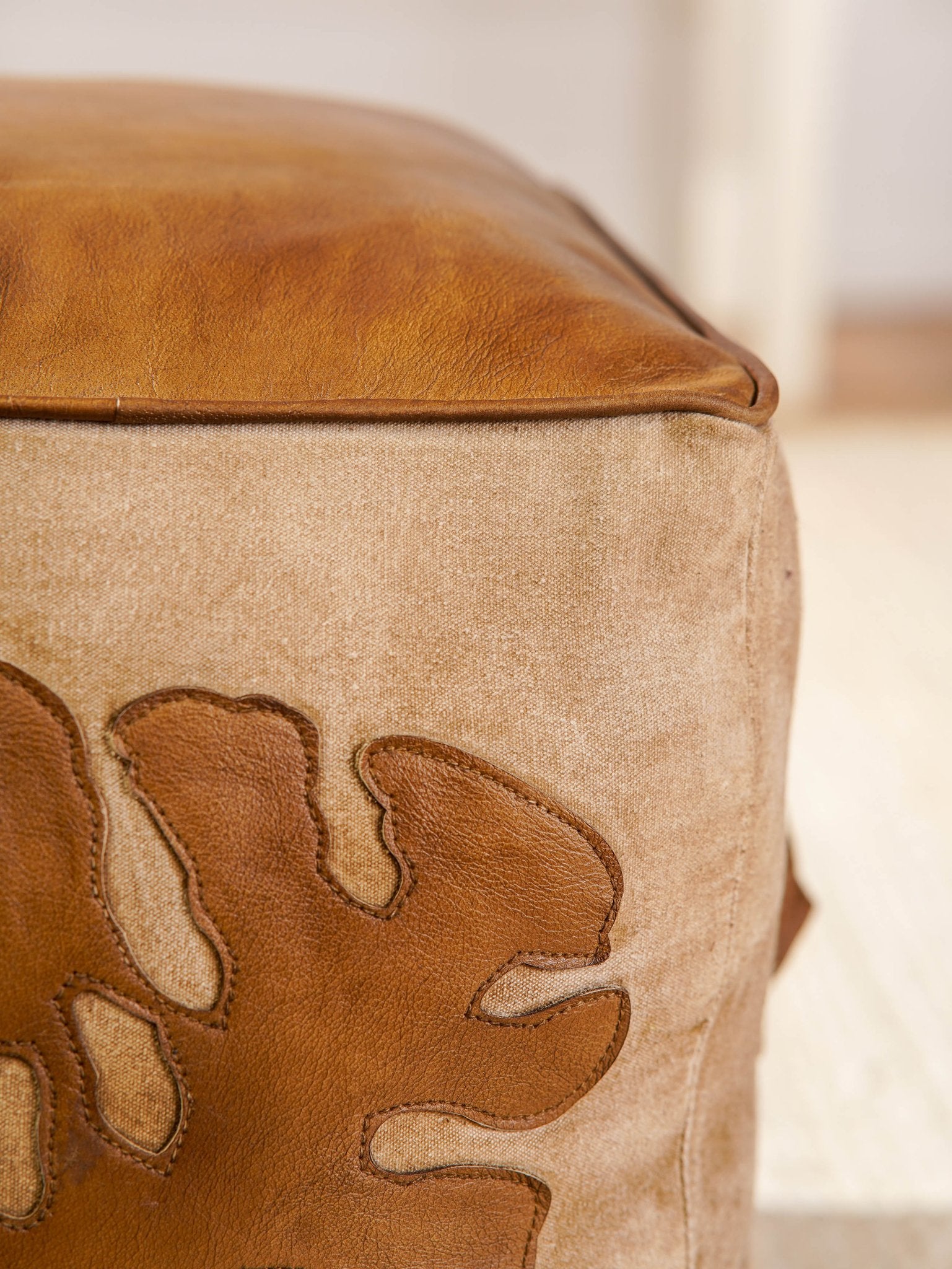 Monstera Leather & Canvas Pouf – Handmade Cube Ottoman | Brown | Filled - BBH HOMES LLC