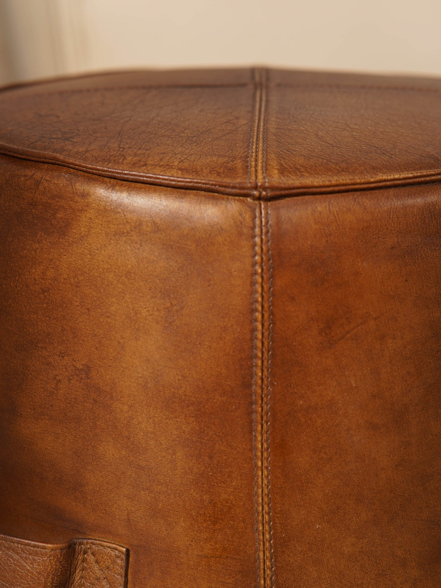 Nomad’s Rest Ottoman| Round Leather Ottoman | Wood Frame | Handcrafted Accent Pouf - BBH HOMES LLC