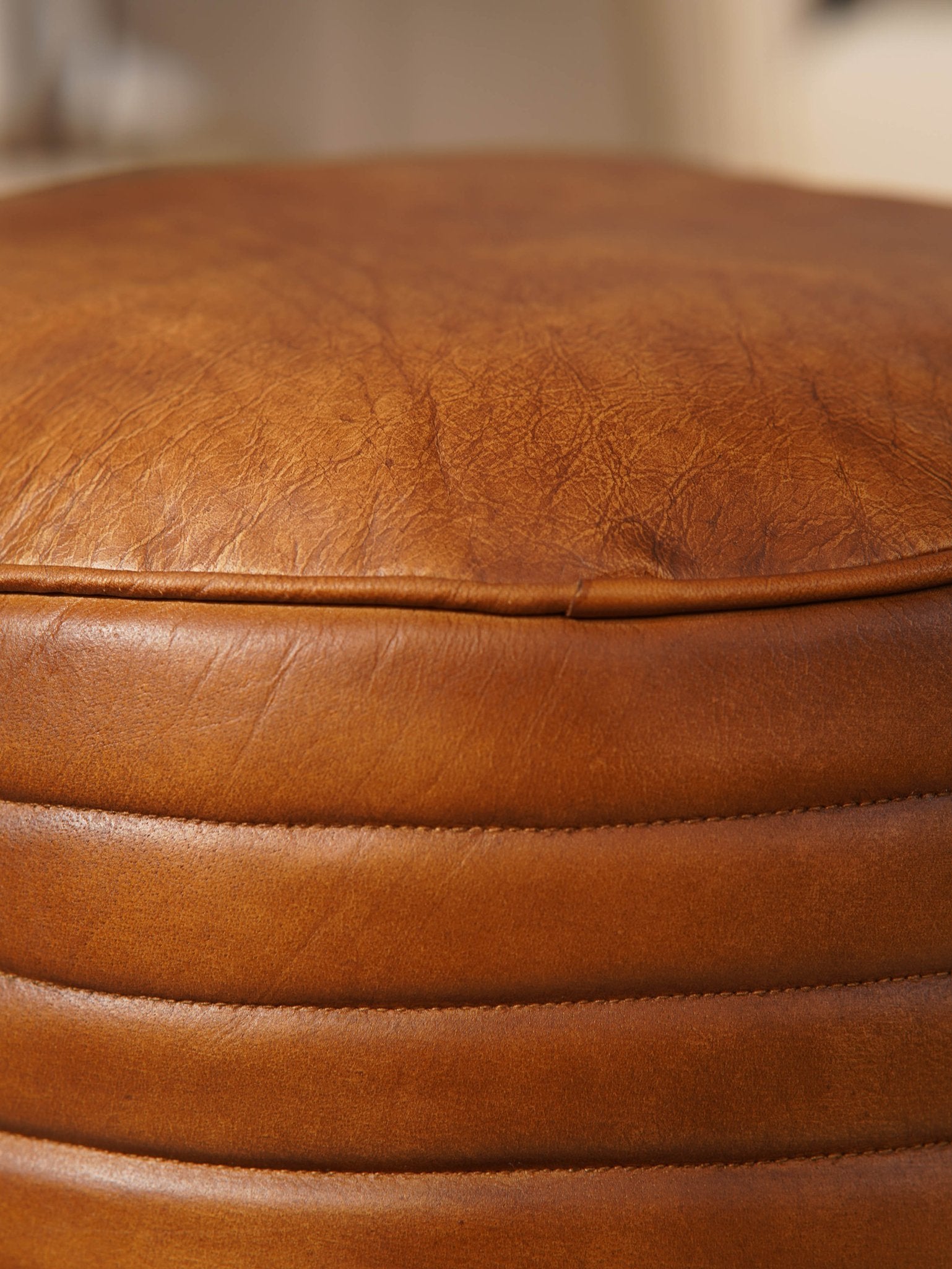 Round Buffalo Leather Pouf – Canyon Ottoman | Handmade | Brown | Filled - BBH HOMES LLC
