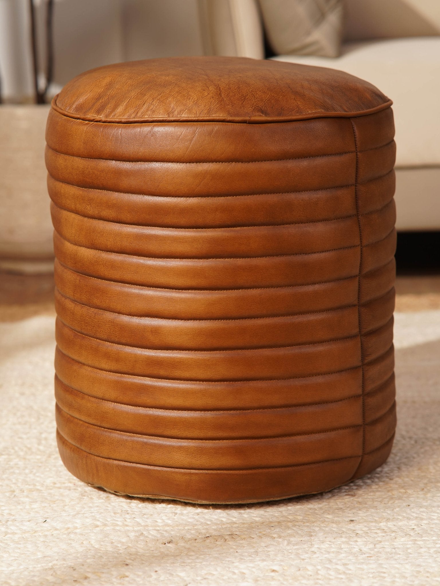 Round Buffalo Leather Pouf – Canyon Ottoman | Handmade | Brown | Filled - BBH HOMES LLC