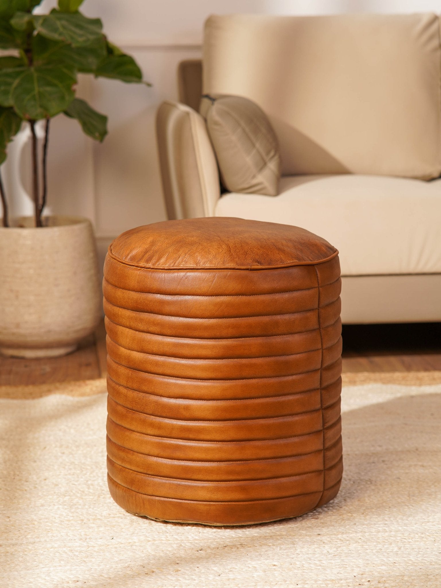 Round Buffalo Leather Pouf – Canyon Ottoman | Handmade | Brown | Filled - BBH HOMES LLC