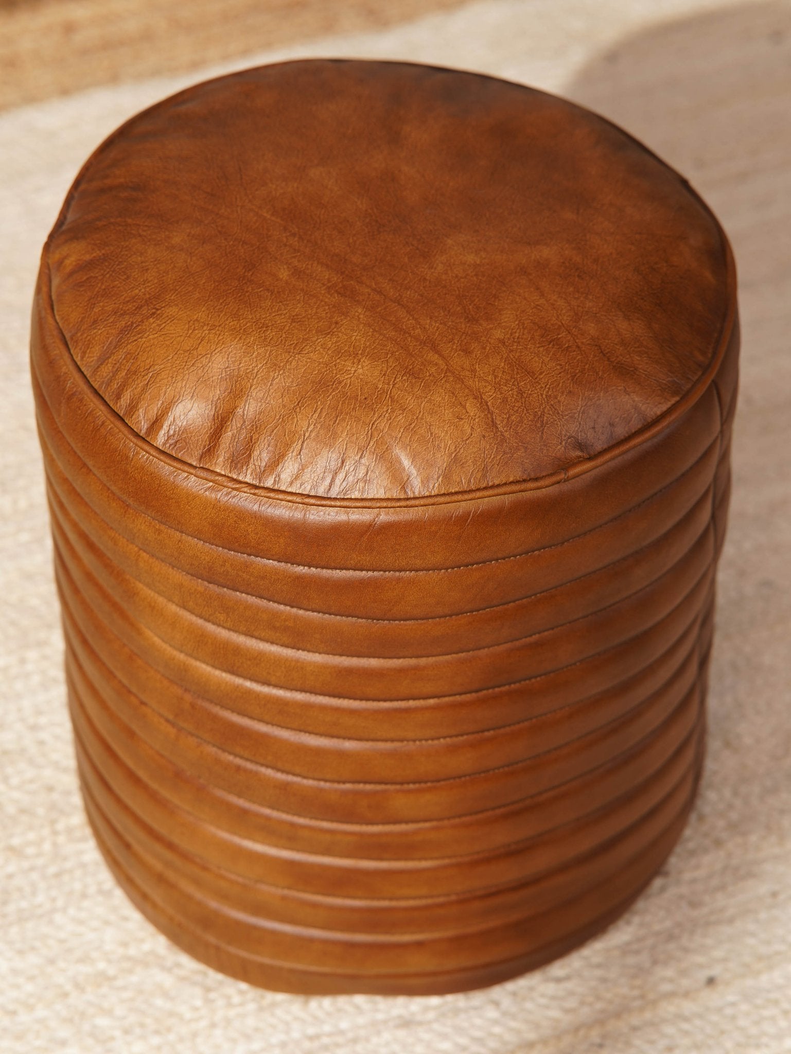 Round Buffalo Leather Pouf – Canyon Ottoman | Handmade | Brown | Filled - BBH HOMES LLC