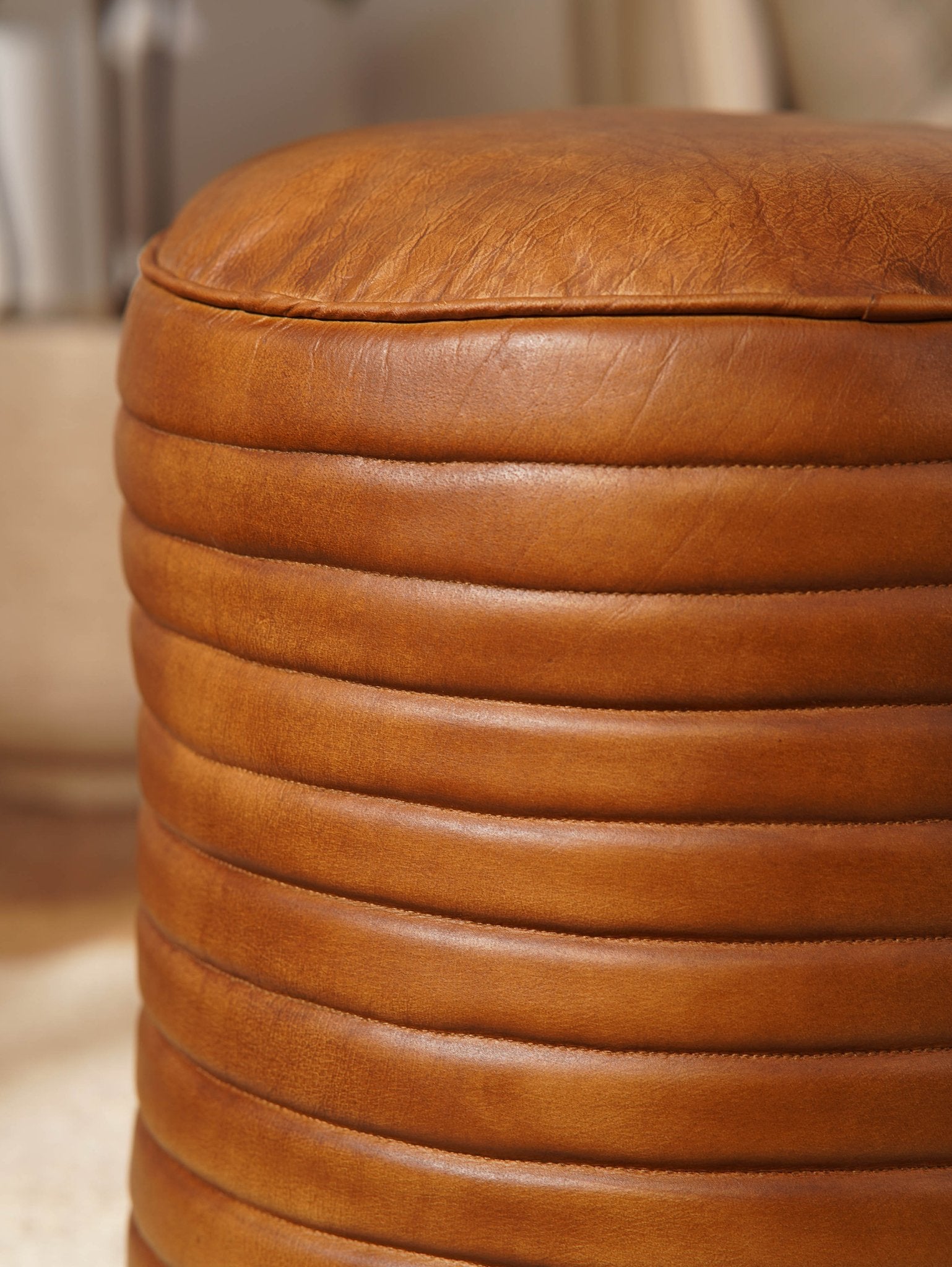 Round Buffalo Leather Pouf – Canyon Ottoman | Handmade | Brown | Filled - BBH HOMES LLC