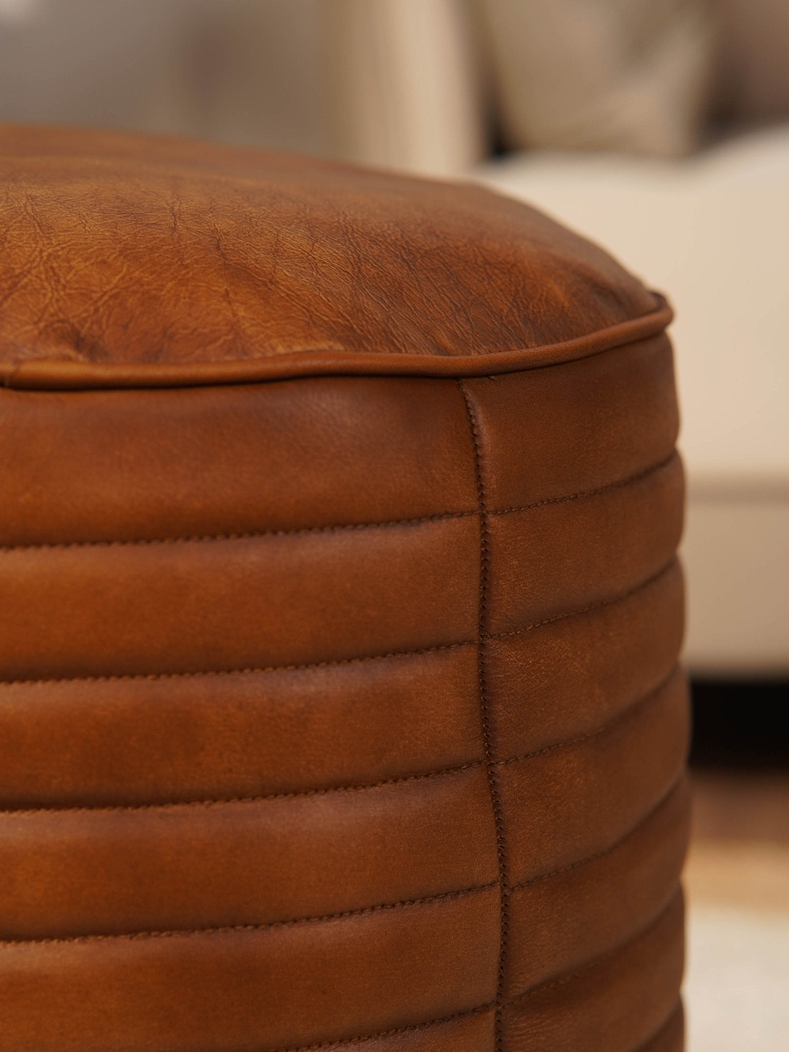 Round Buffalo Leather Pouf – Canyon Ottoman | Handmade | Brown | Filled - BBH HOMES LLC