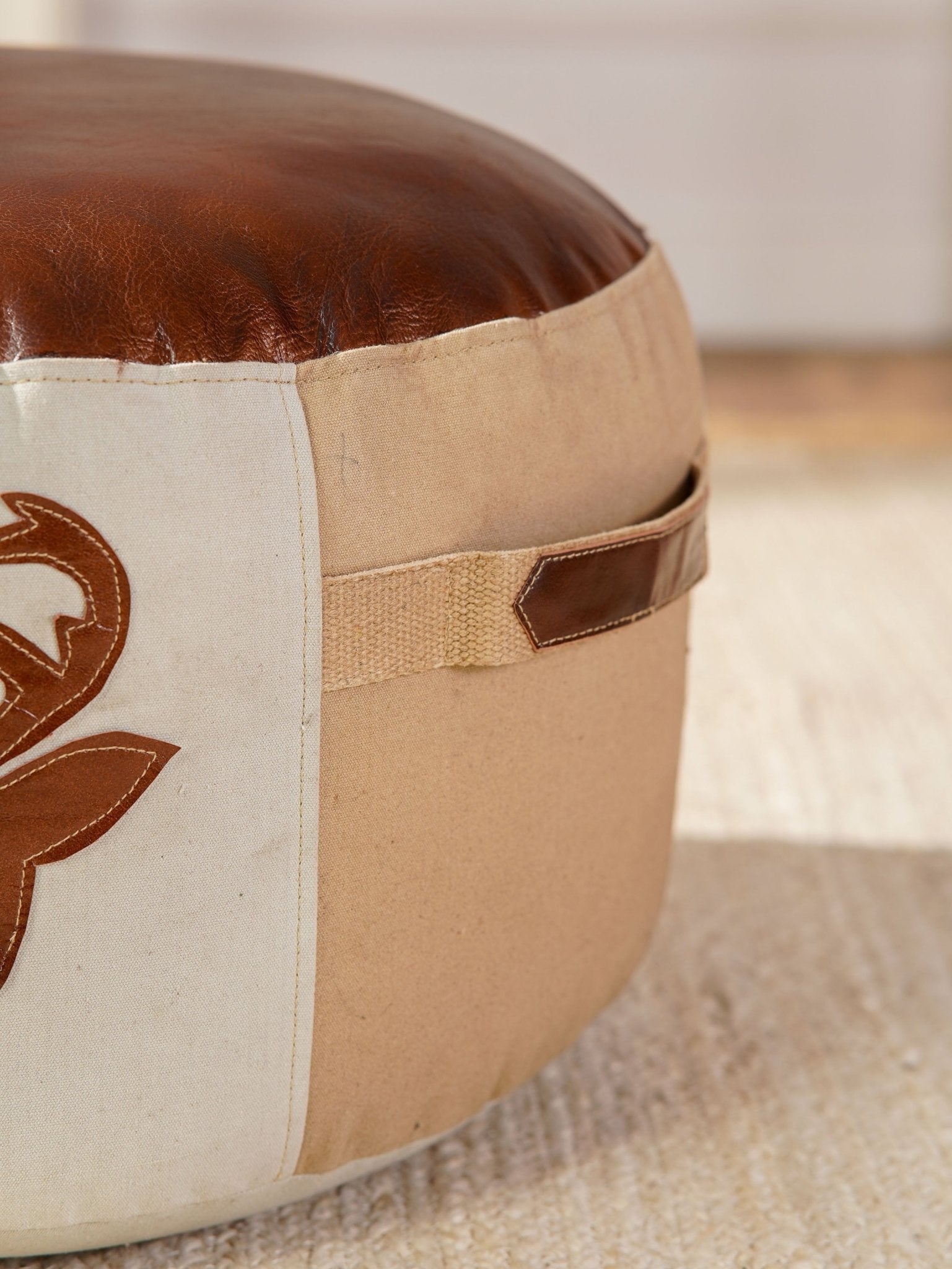 Stag Haven Pouf – Round Canvas & Leather Ottoman | Beige & Brown - BBH HOMES LLC