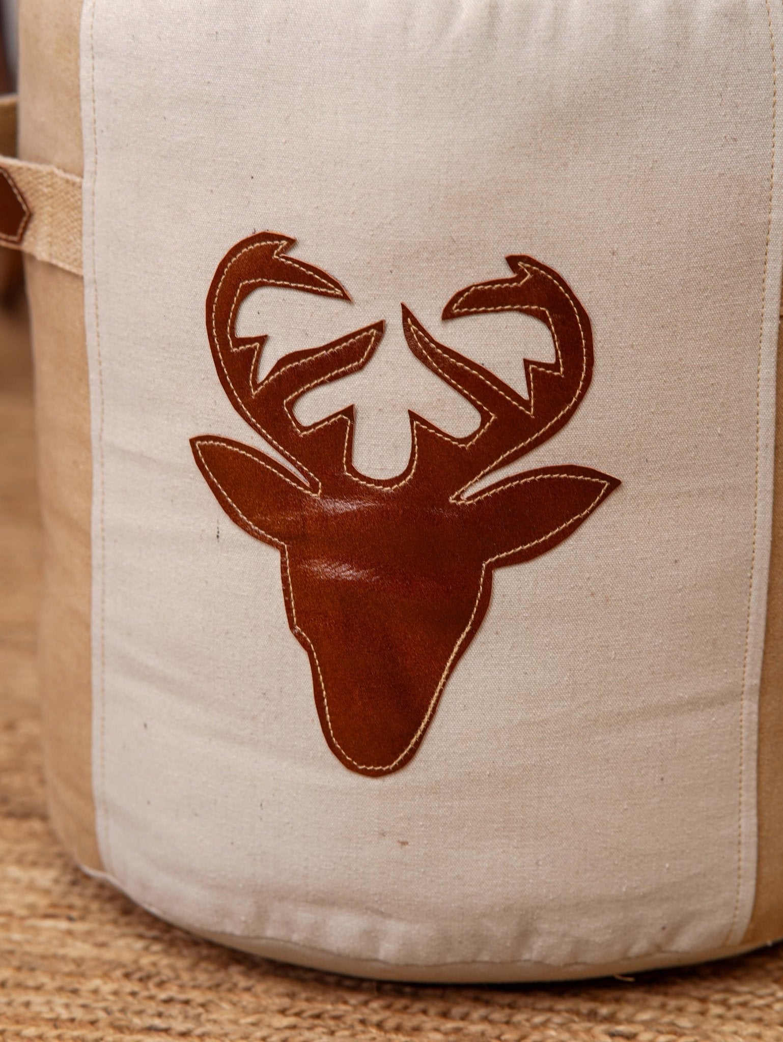 Stag Haven Pouf – Round Canvas & Leather Ottoman | Beige & Brown - BBH HOMES LLC