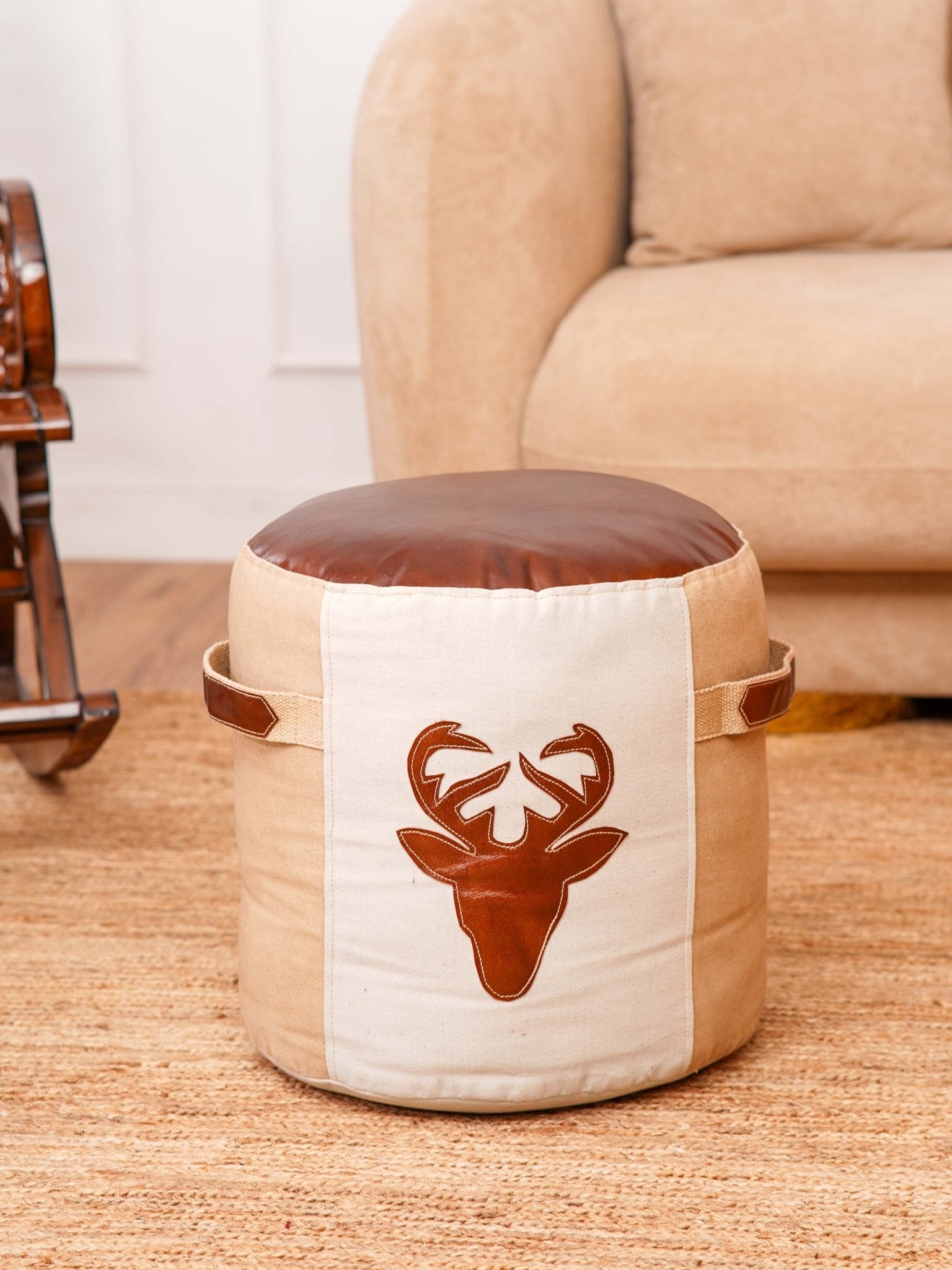 Stag Haven Pouf – Round Canvas & Leather Ottoman | Beige & Brown - BBH HOMES LLC