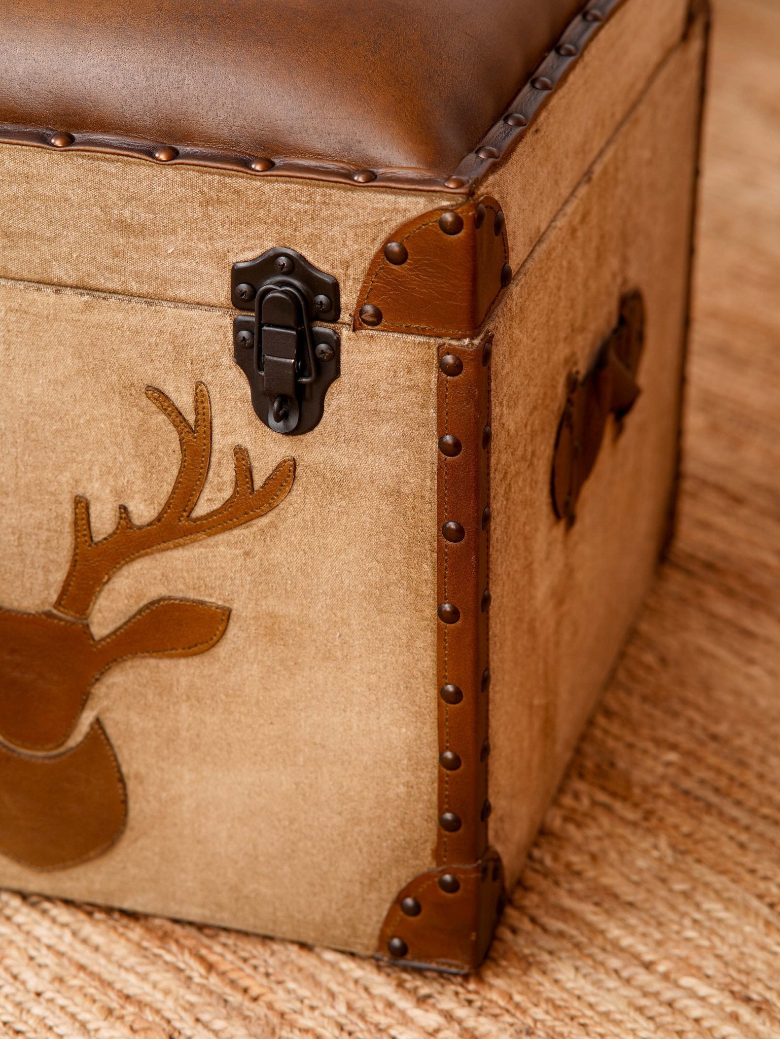 Stag Trunk Ottoman – Rustic Storage Cube in Canvas & Leather with Antler Motif - BBH HOMES LLC