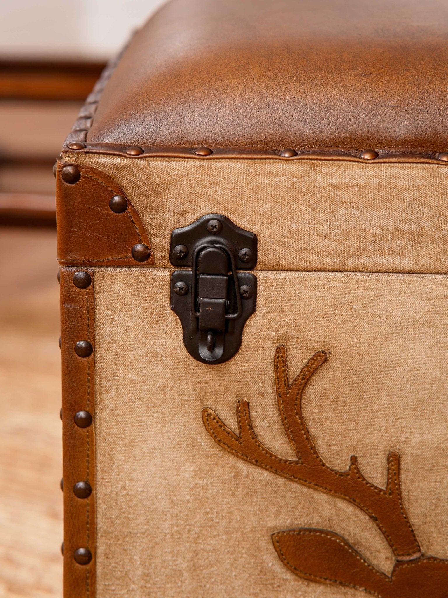 Stag Trunk Ottoman – Rustic Storage Cube in Canvas & Leather with Antler Motif - BBH HOMES LLC