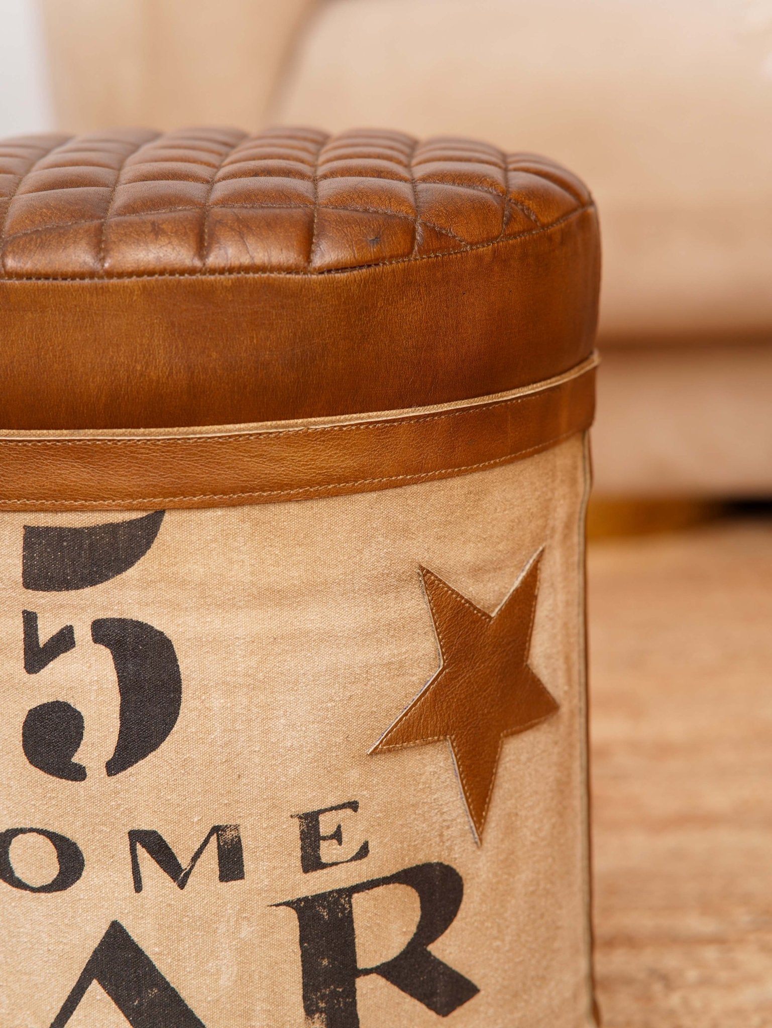 The Home Bar Ottoman – Upcycled Tin Base with Printed Canvas & Quilted Leather Top - BBH HOMES LLC