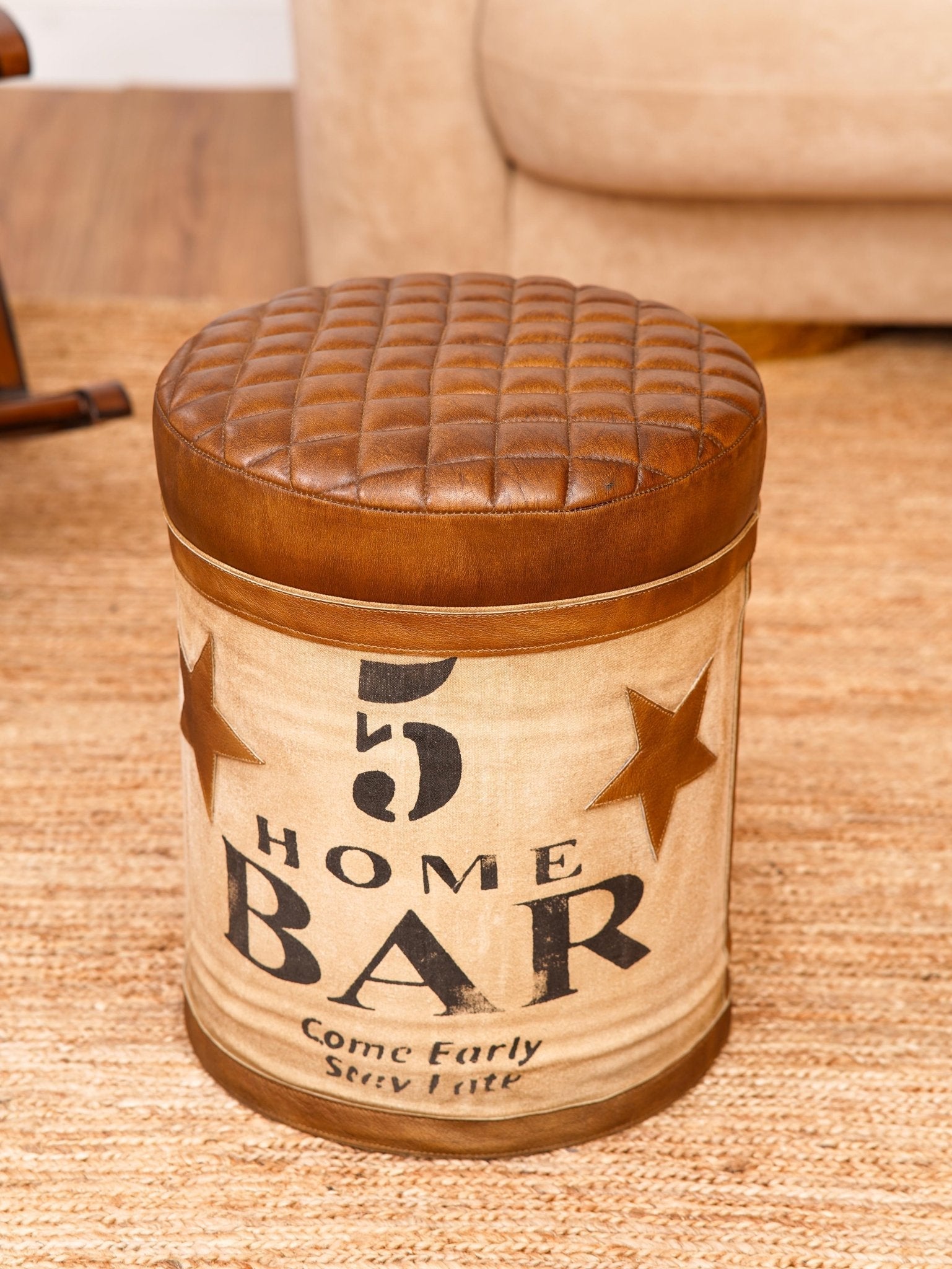 The Home Bar Ottoman – Upcycled Tin Base with Printed Canvas & Quilted Leather Top - BBH HOMES LLC