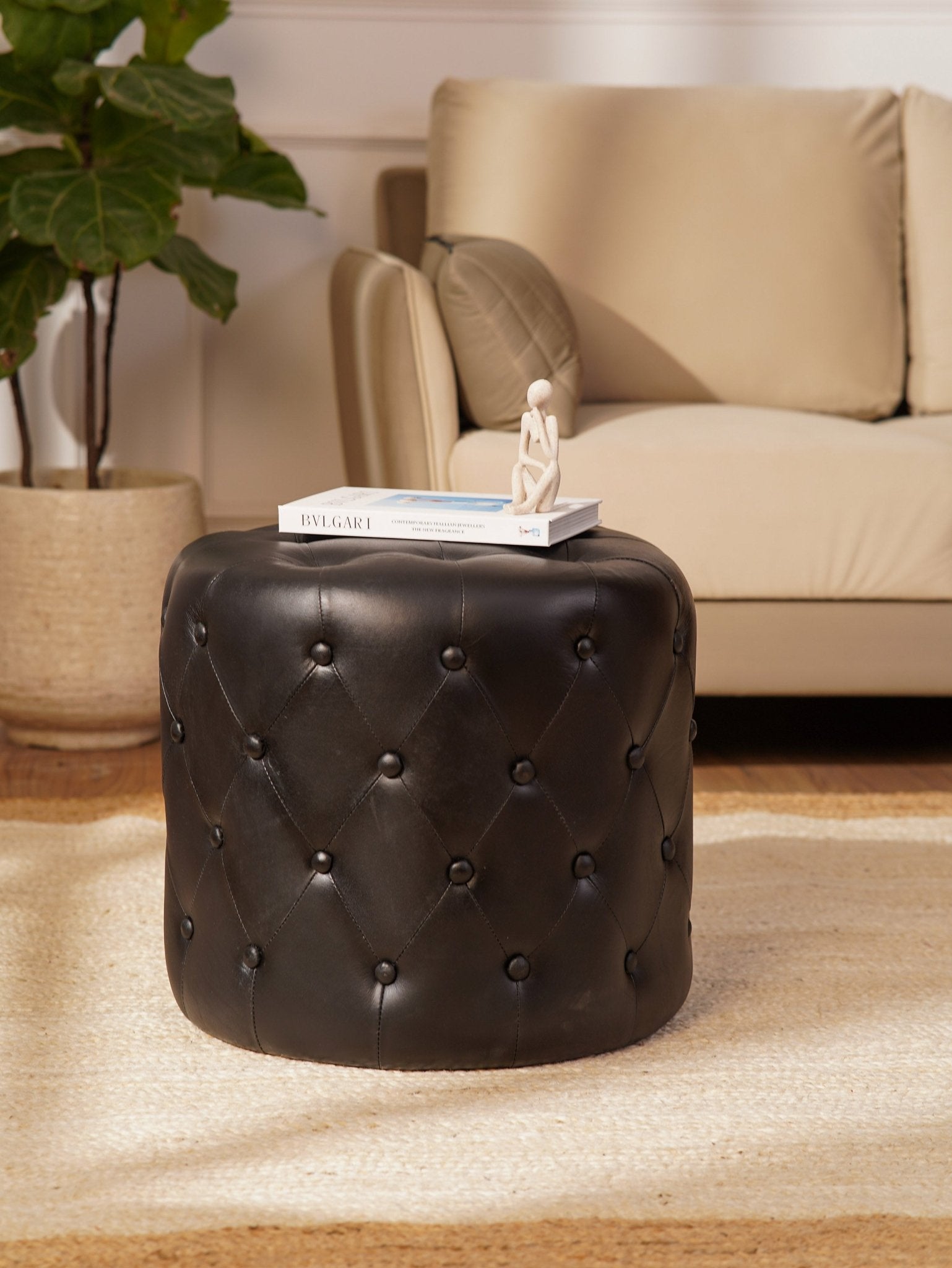 The Regal Repose – Round Tufted Leather Ottoman with Solid Wood Frame - BBH HOMES LLC