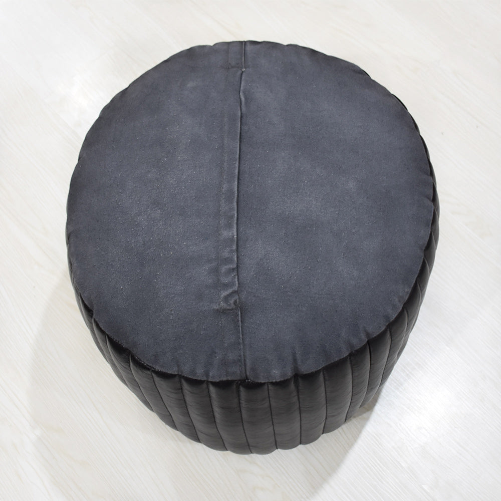 Round Buffalo Leather Pouf โ Eclipse Ottoman | Handmade | Black | Filled