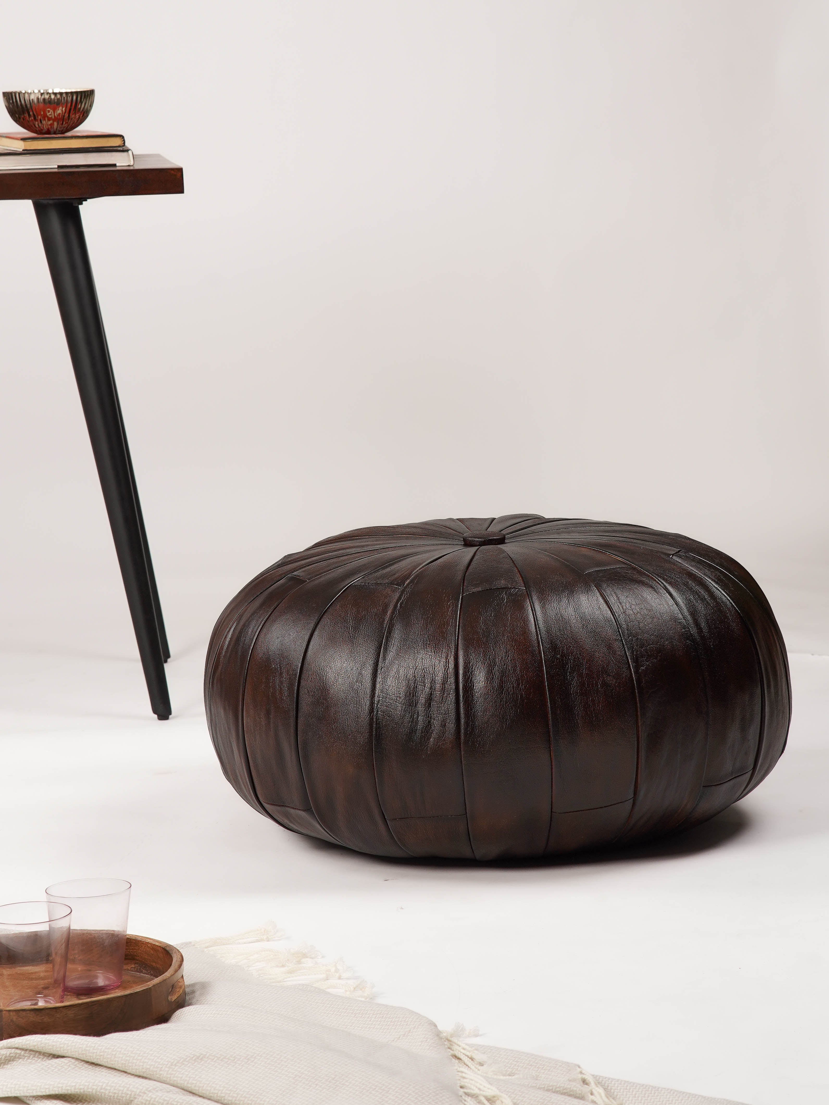 Noir Elegance Brown Leather Pouf