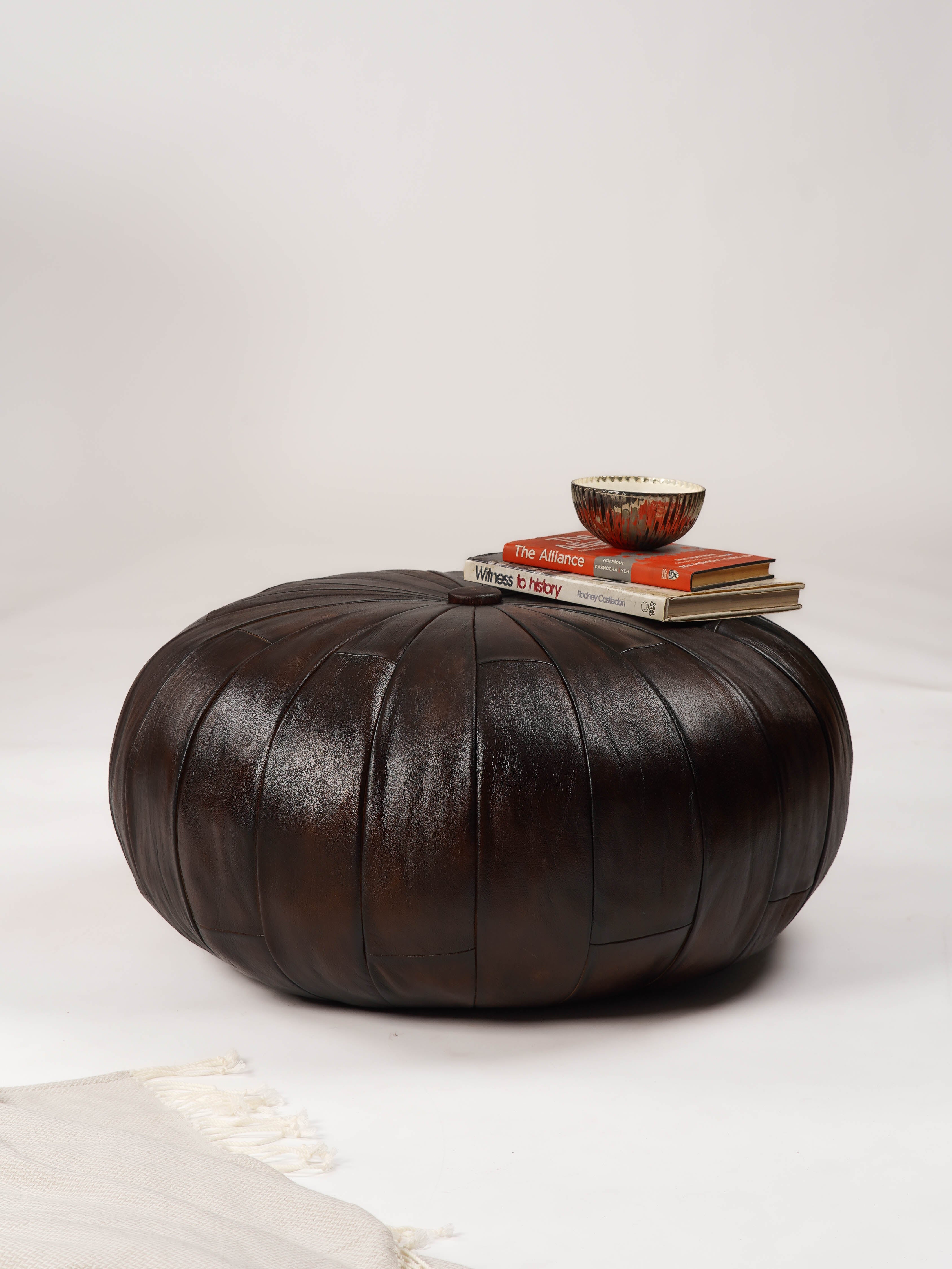 Noir Elegance Brown Leather Pouf