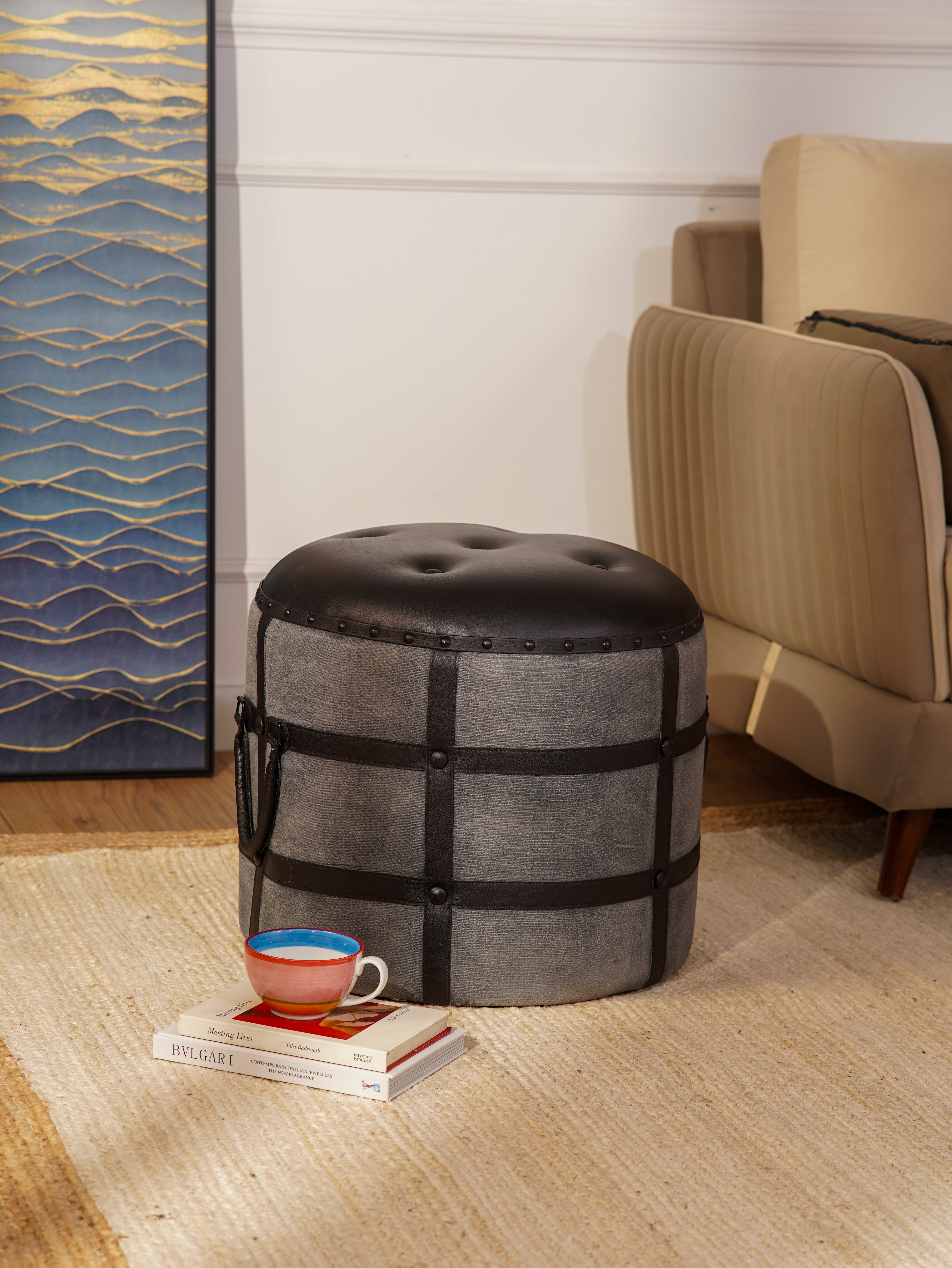 The Voyager’s Rest – Round Canvas & Leather Ottoman | Wood Frame | Handcrafted Accent Pouf