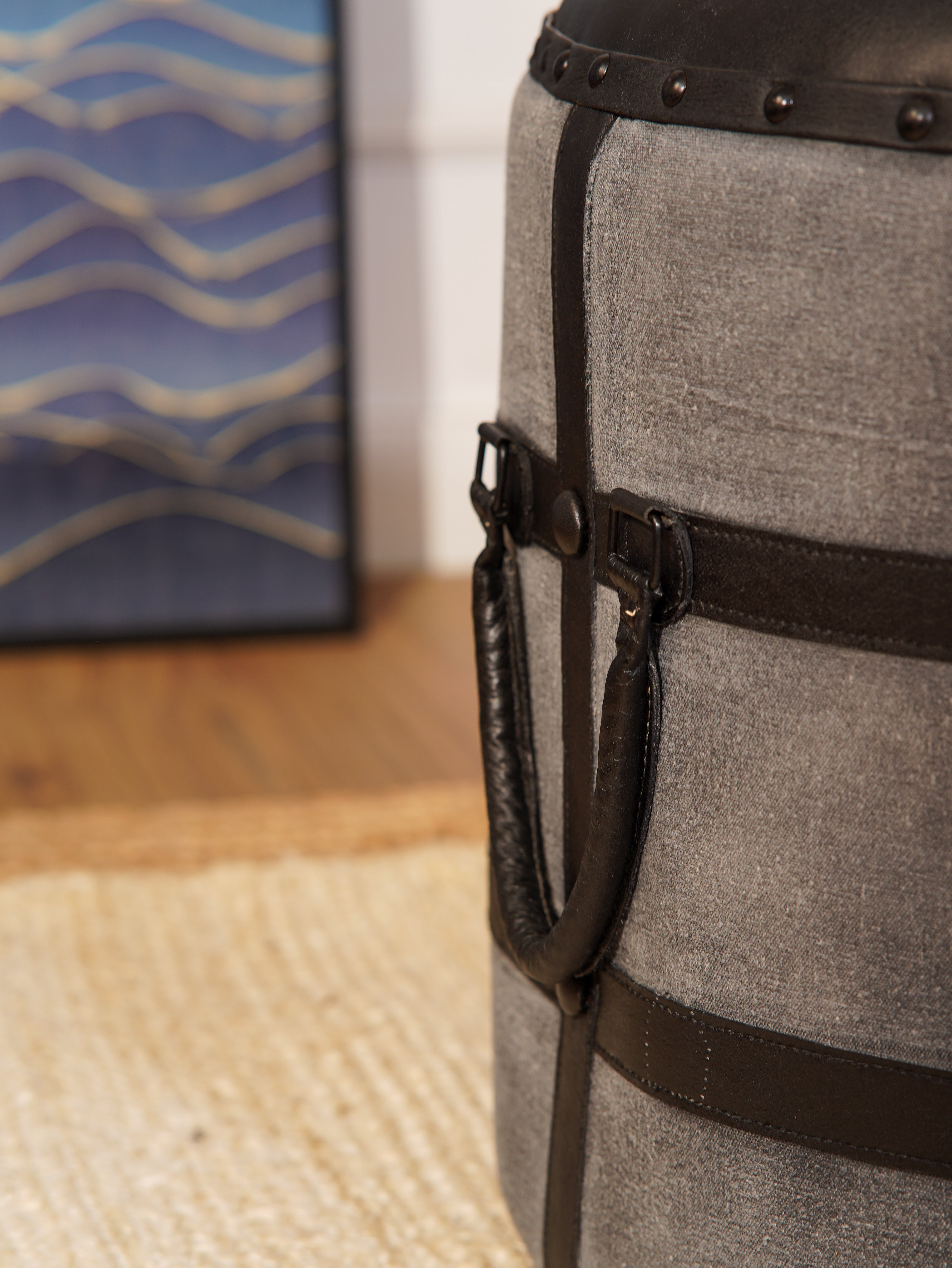 The Voyager’s Rest – Round Canvas & Leather Ottoman | Wood Frame | Handcrafted Accent Pouf