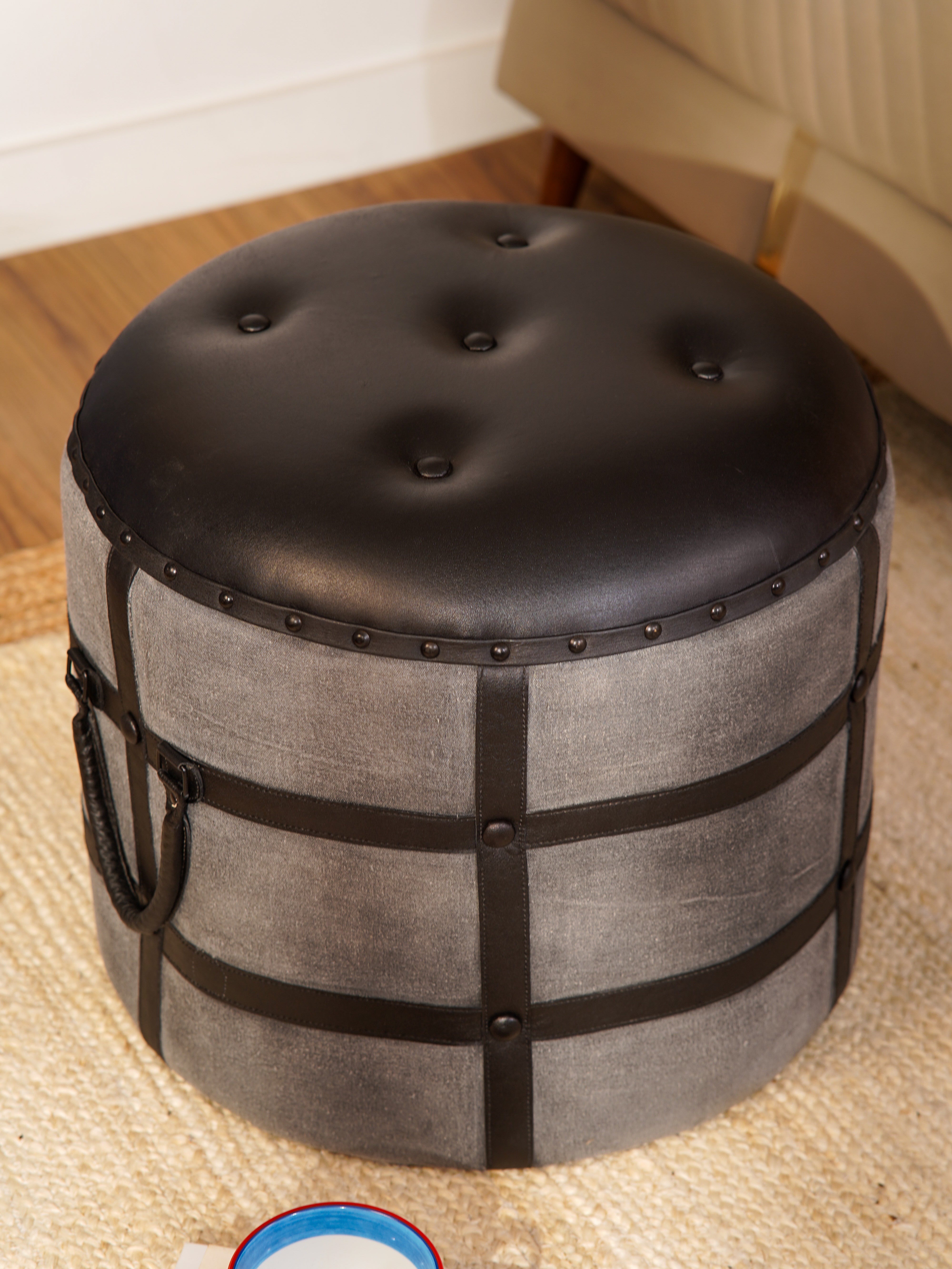 The Voyager’s Rest – Round Canvas & Leather Ottoman | Wood Frame | Handcrafted Accent Pouf
