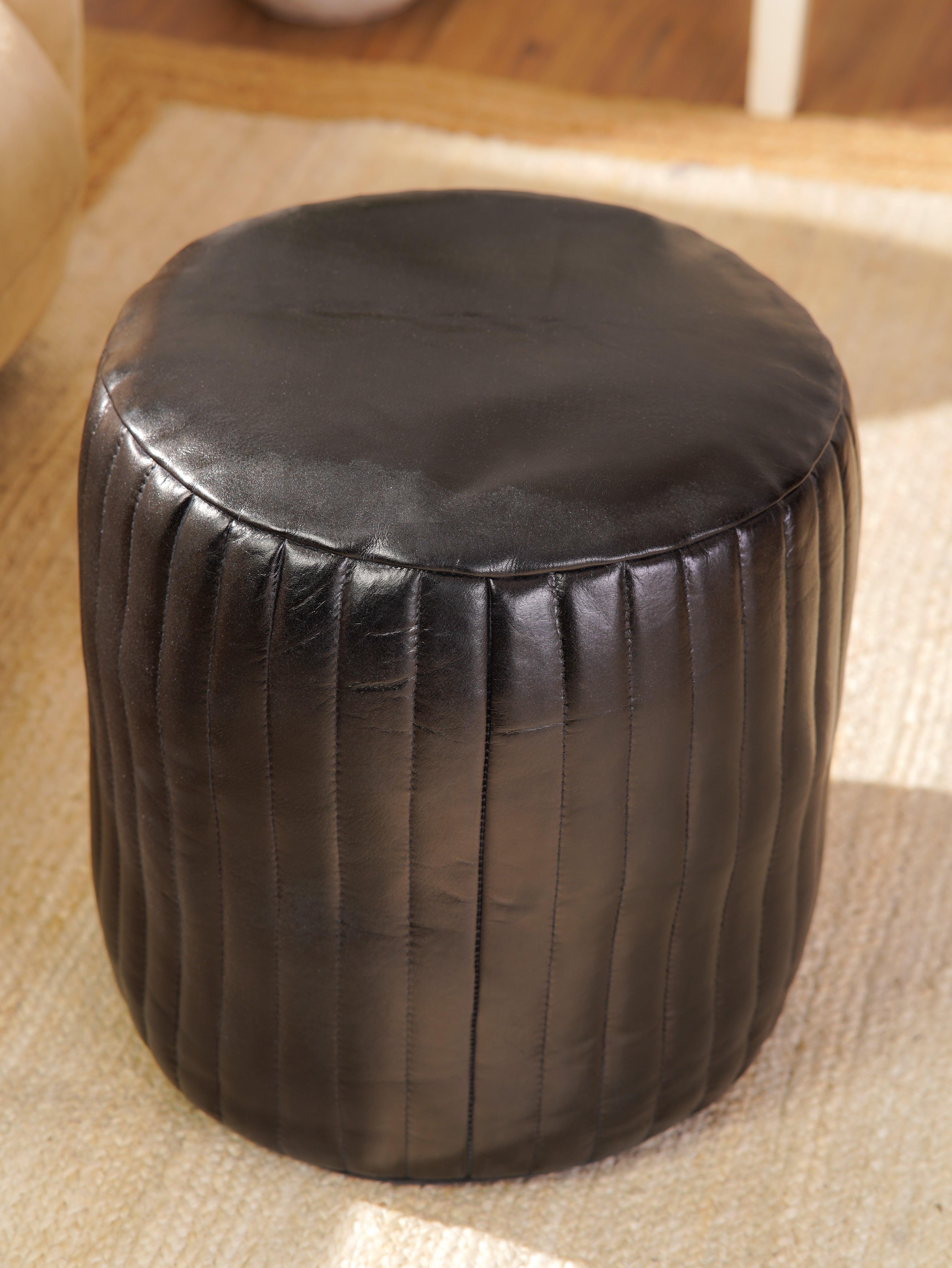 Round Buffalo Leather Pouf – Eclipse Ottoman | Handmade | Black | Filled