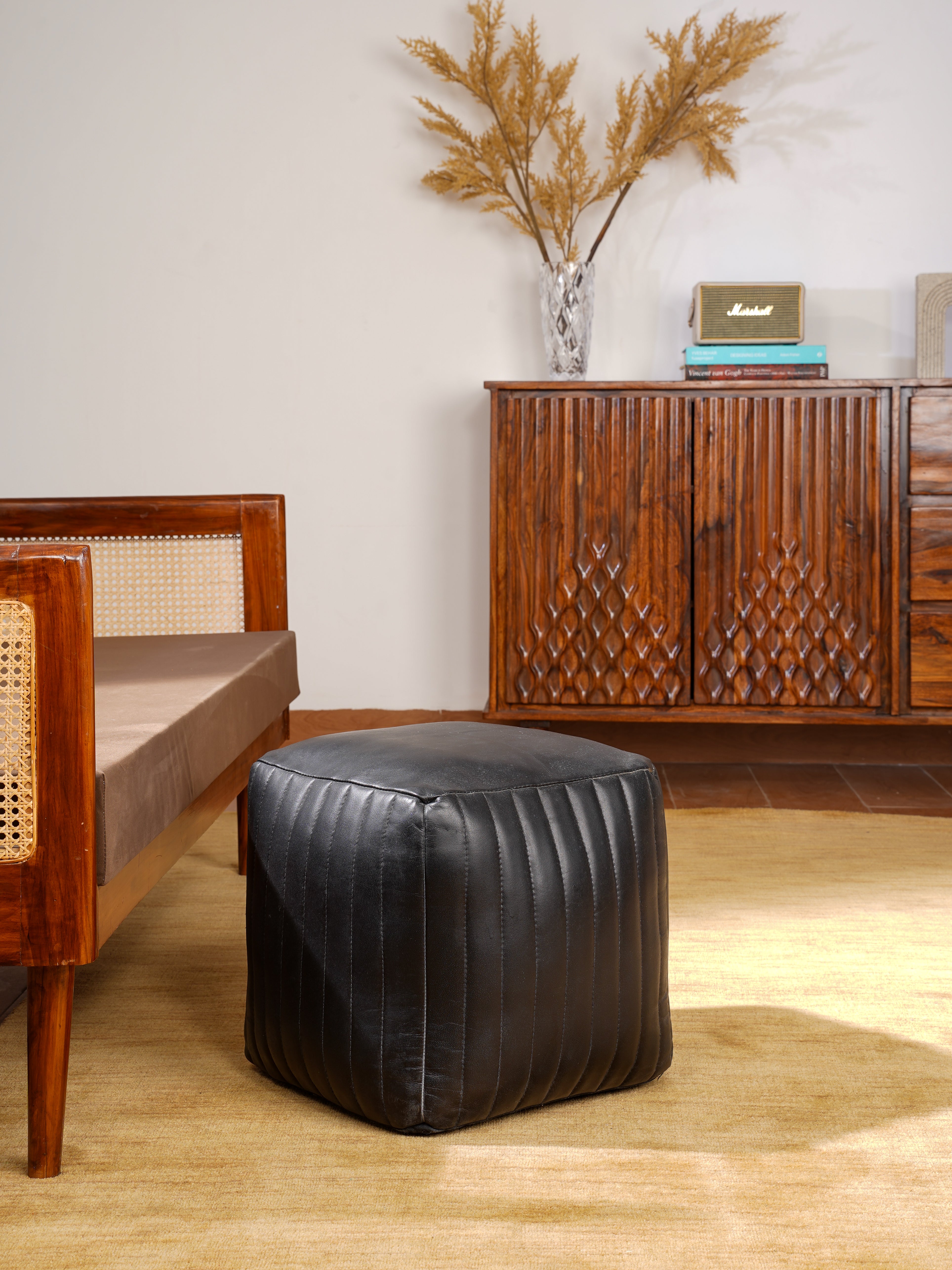 Round Buffalo Leather Pouf – Eclipse Ottoman | Handmade | Black | Filled