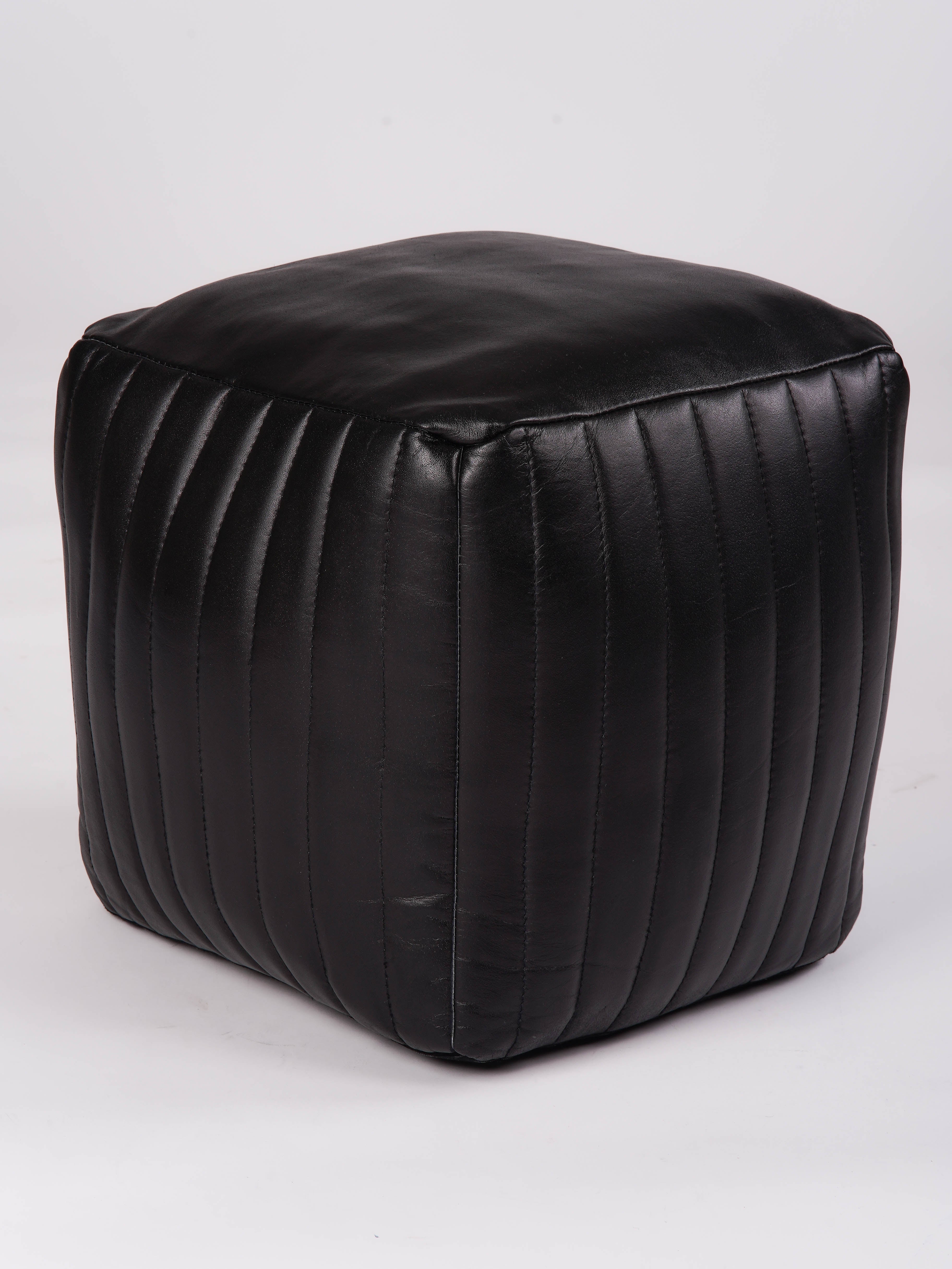 Round Buffalo Leather Pouf – Eclipse Ottoman | Handmade | Black | Filled