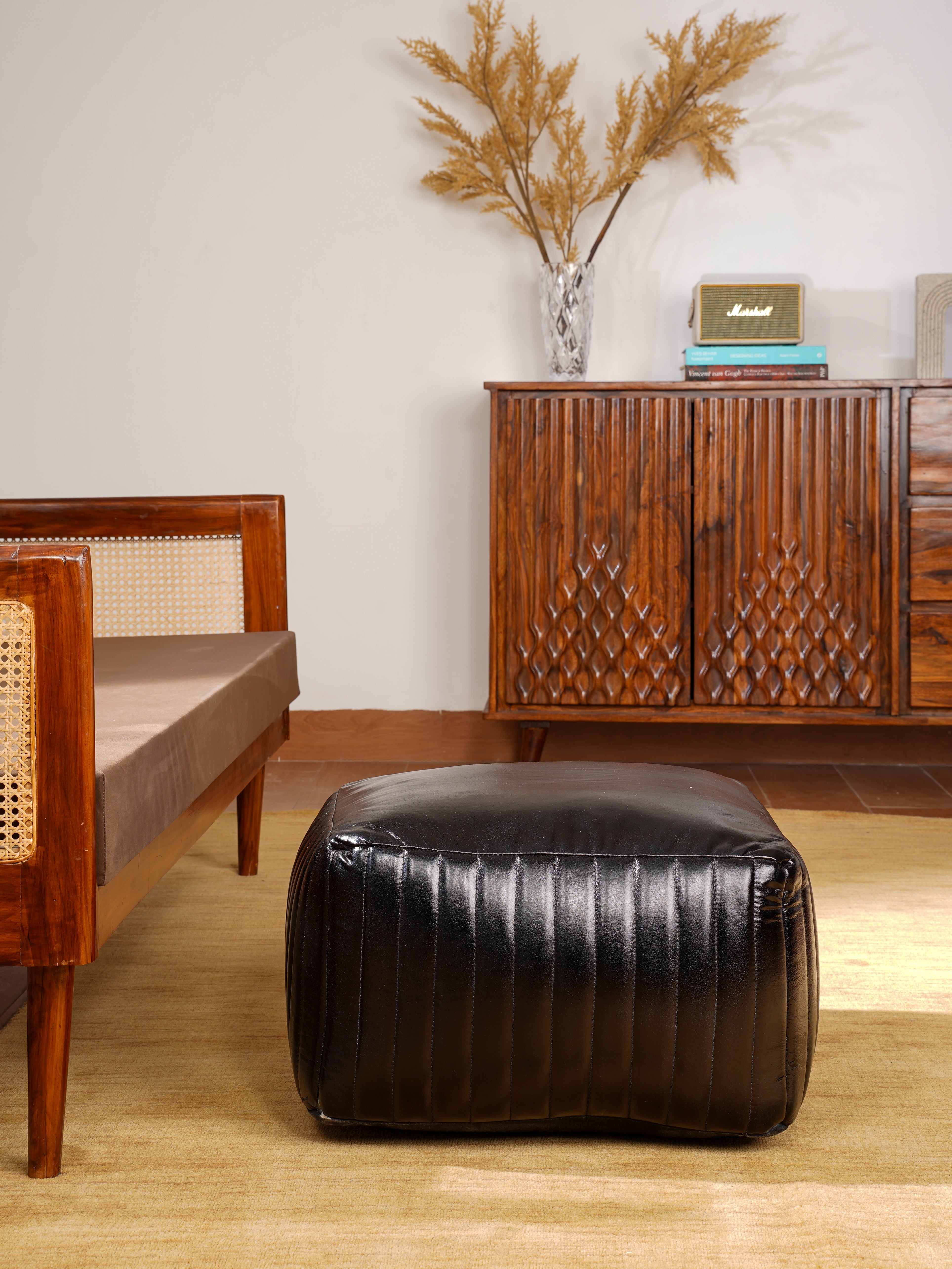 Round Buffalo Leather Pouf – Eclipse Ottoman | Handmade | Black | Filled