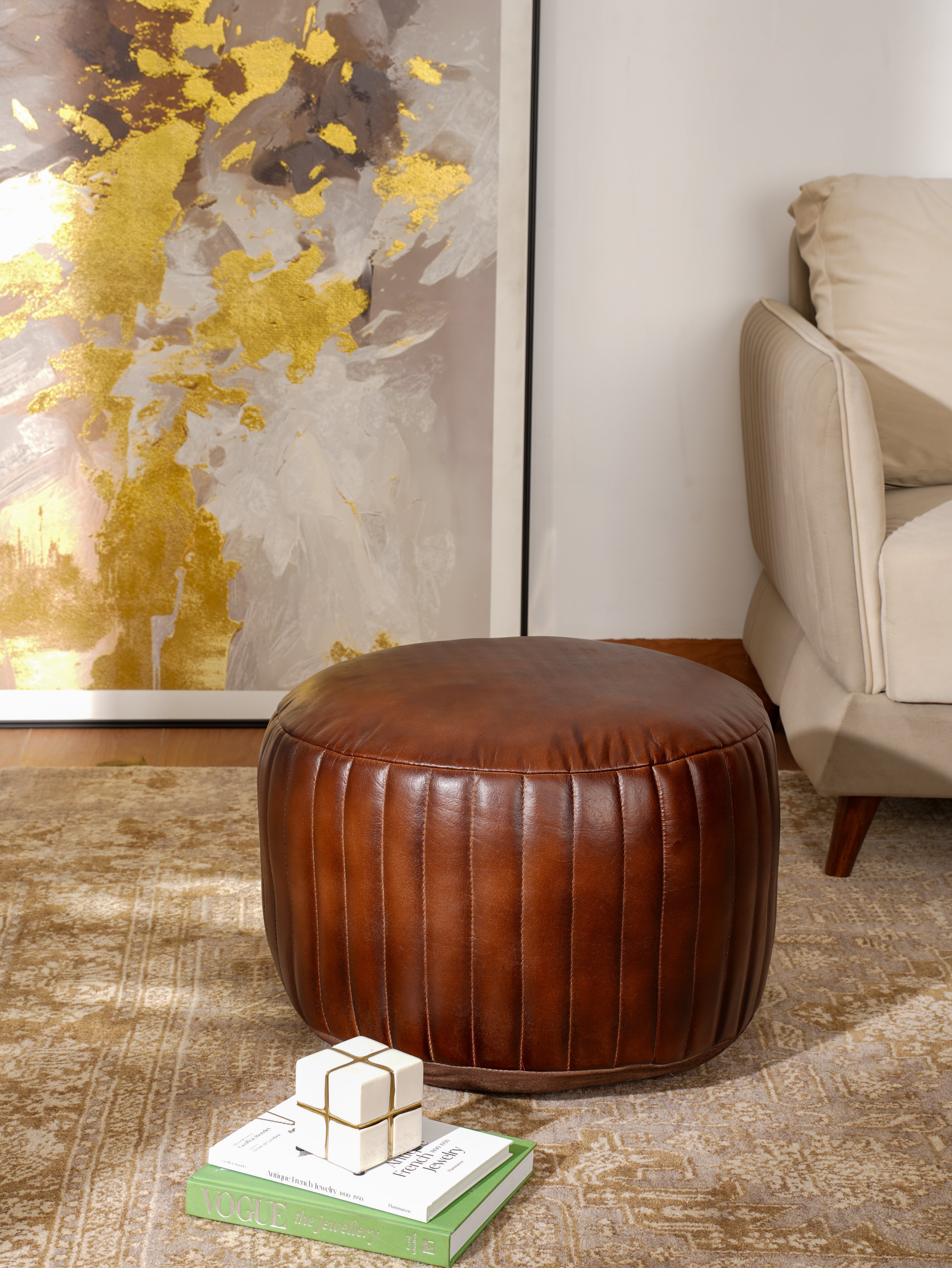 Strata Leather Round Pouf
