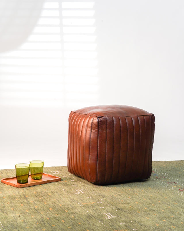 Strata Leather Pouf| Brown Ottoman | Handmade | Contemporary | Filled | Square