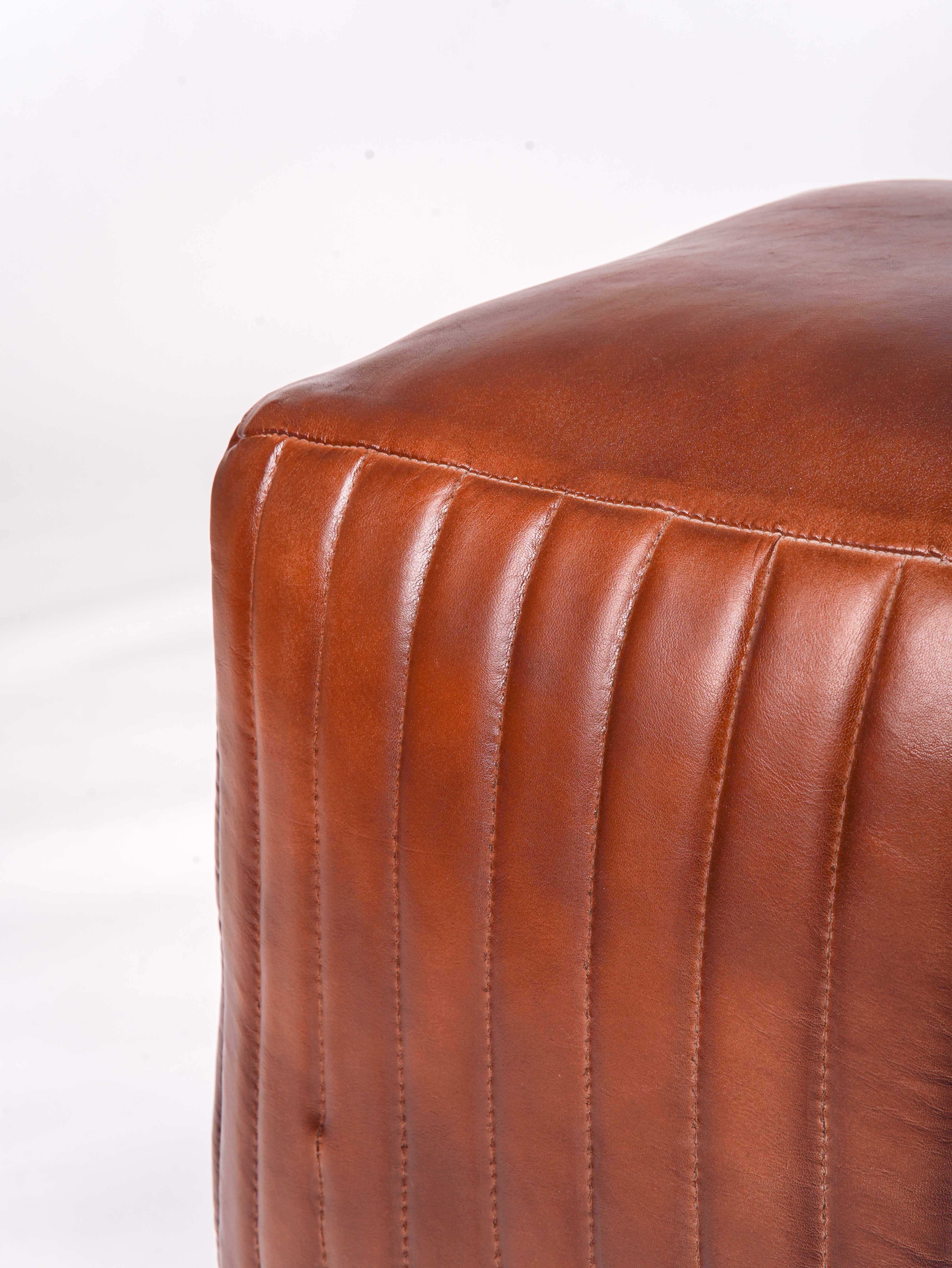Strata Leather Pouf| Brown Ottoman | Handmade | Contemporary | Filled | Square