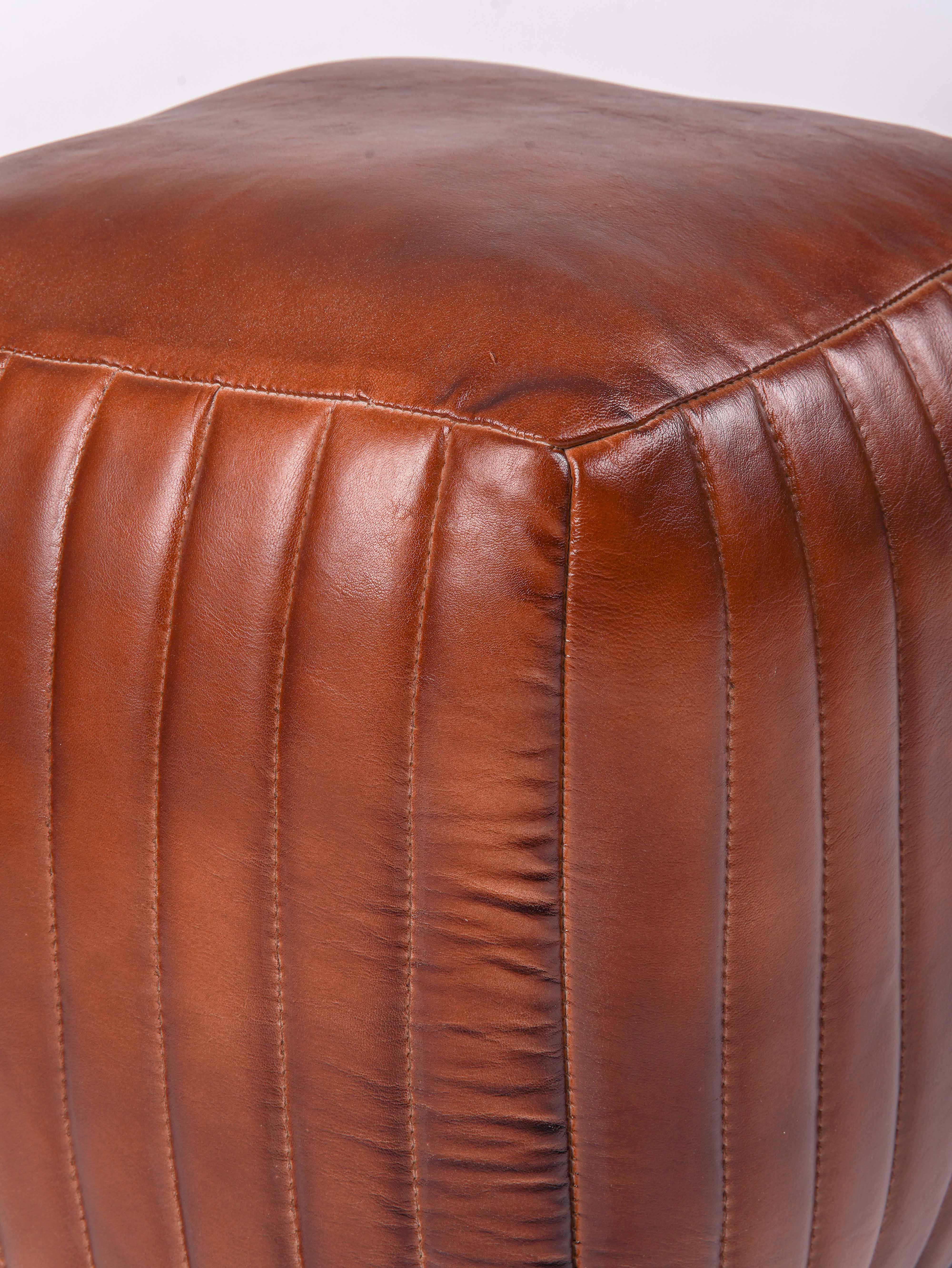 Strata Leather Pouf| Brown Ottoman | Handmade | Contemporary | Filled | Square