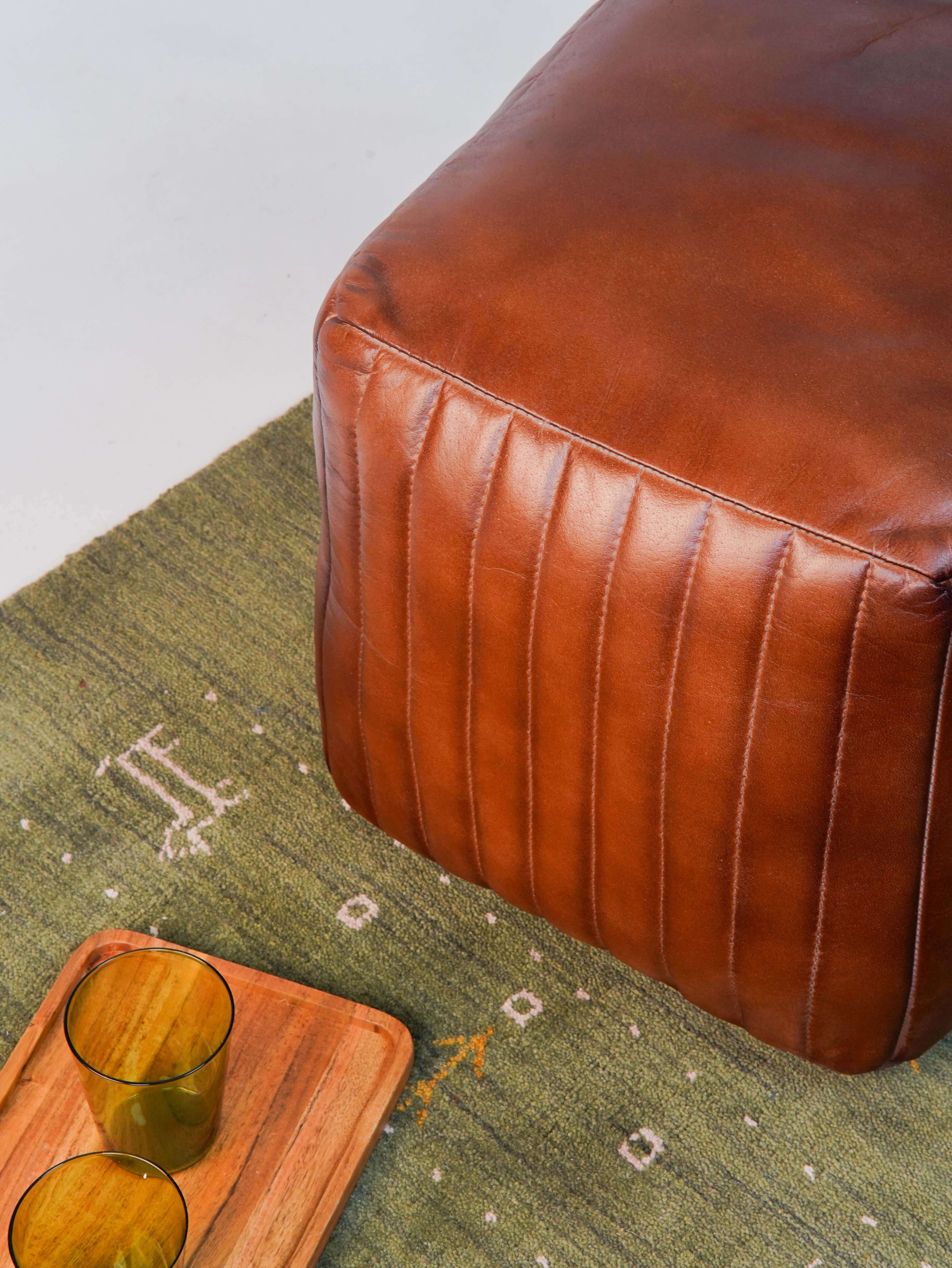 Strata Leather Pouf| Brown Ottoman | Handmade | Contemporary | Filled | Square